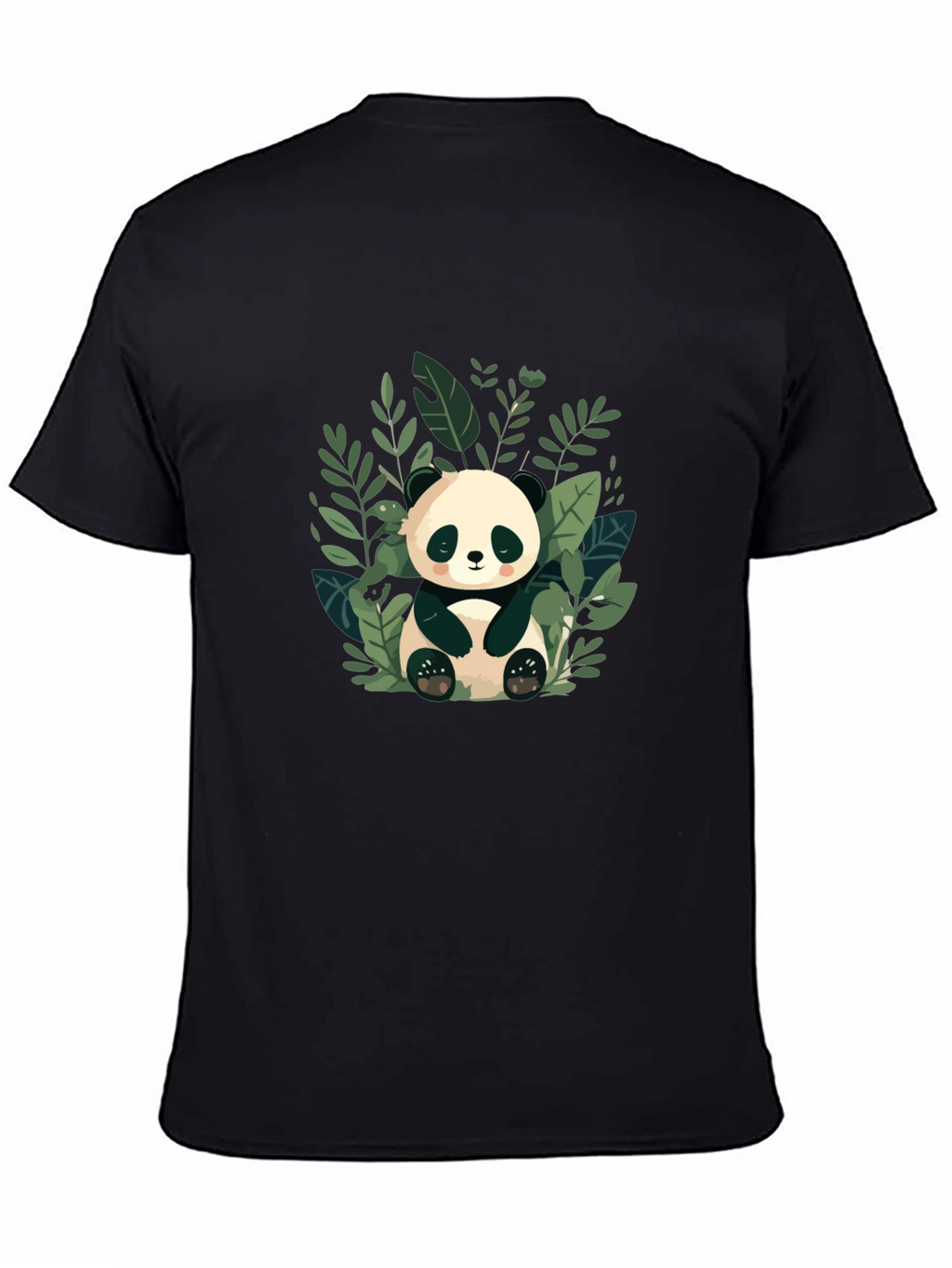 Cute Panda in Leaves Black T-Shirt