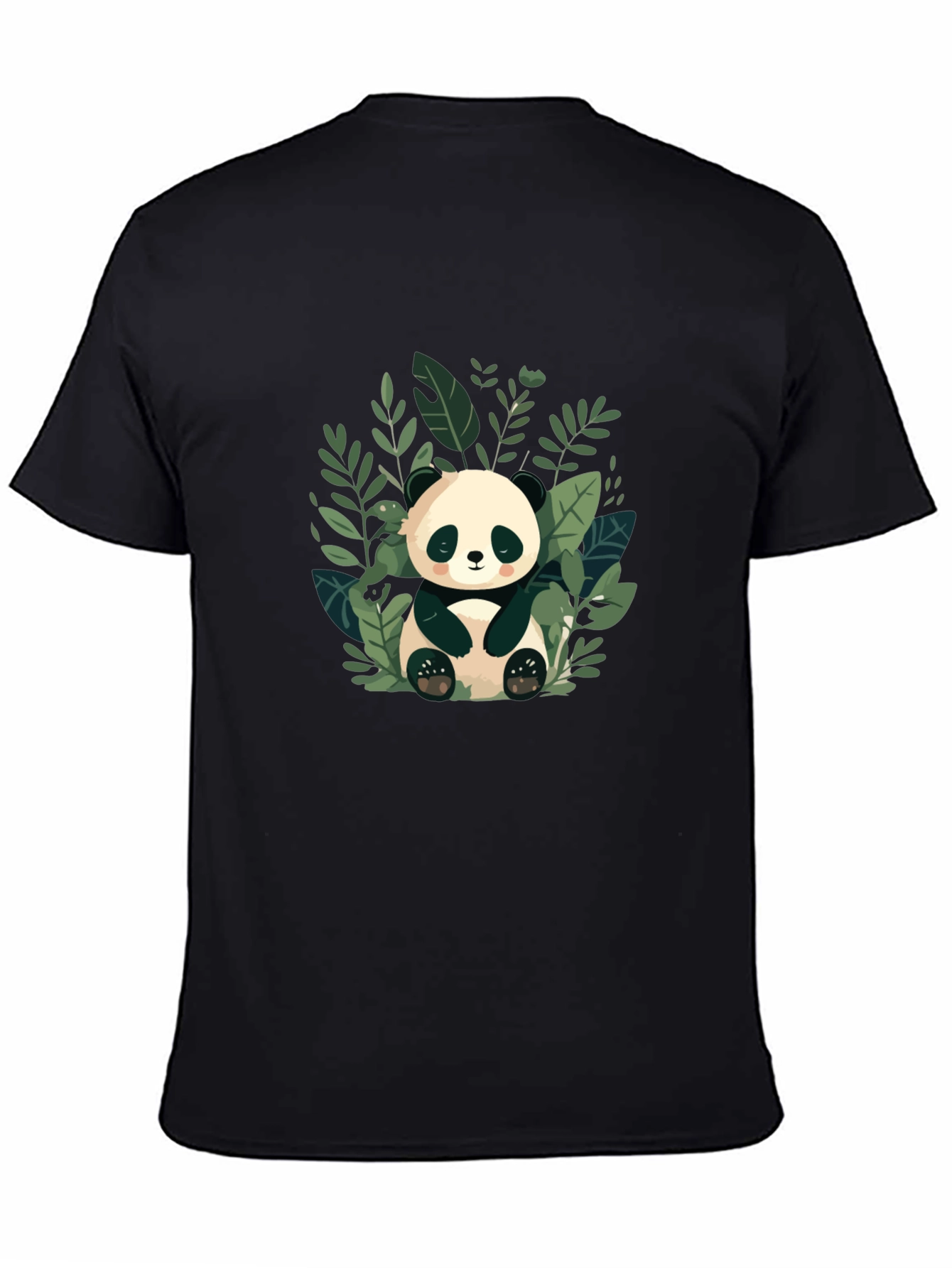Cute Panda in Leaves Black T-Shirt