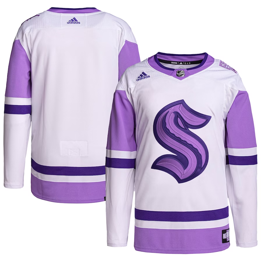 Men's Seattle Kraken White/Purple Hockey Fights Cancer Primegreen Authentic Blank Practice Jerseys
