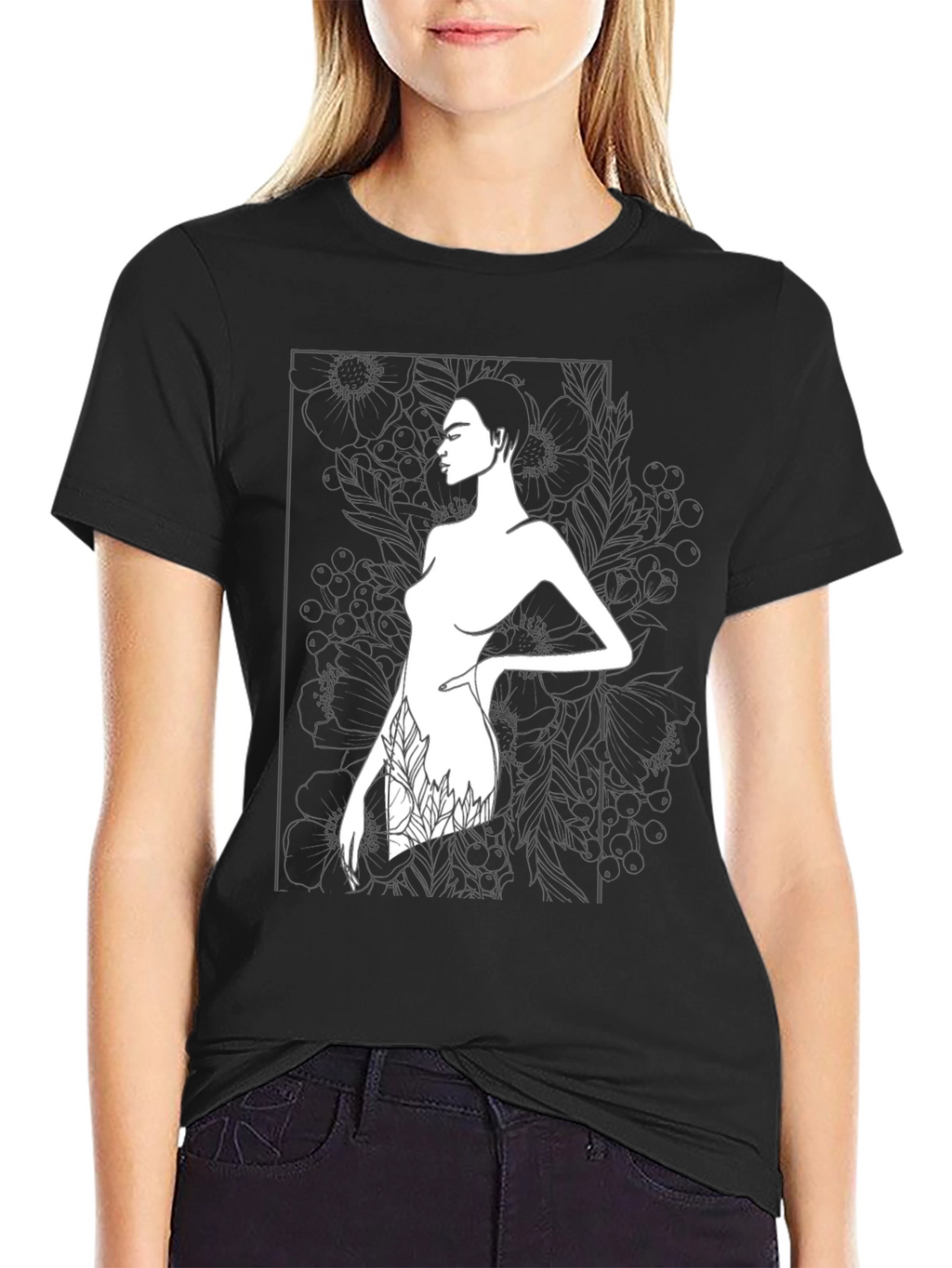 Modern Art Woman Print Black T-Shirt