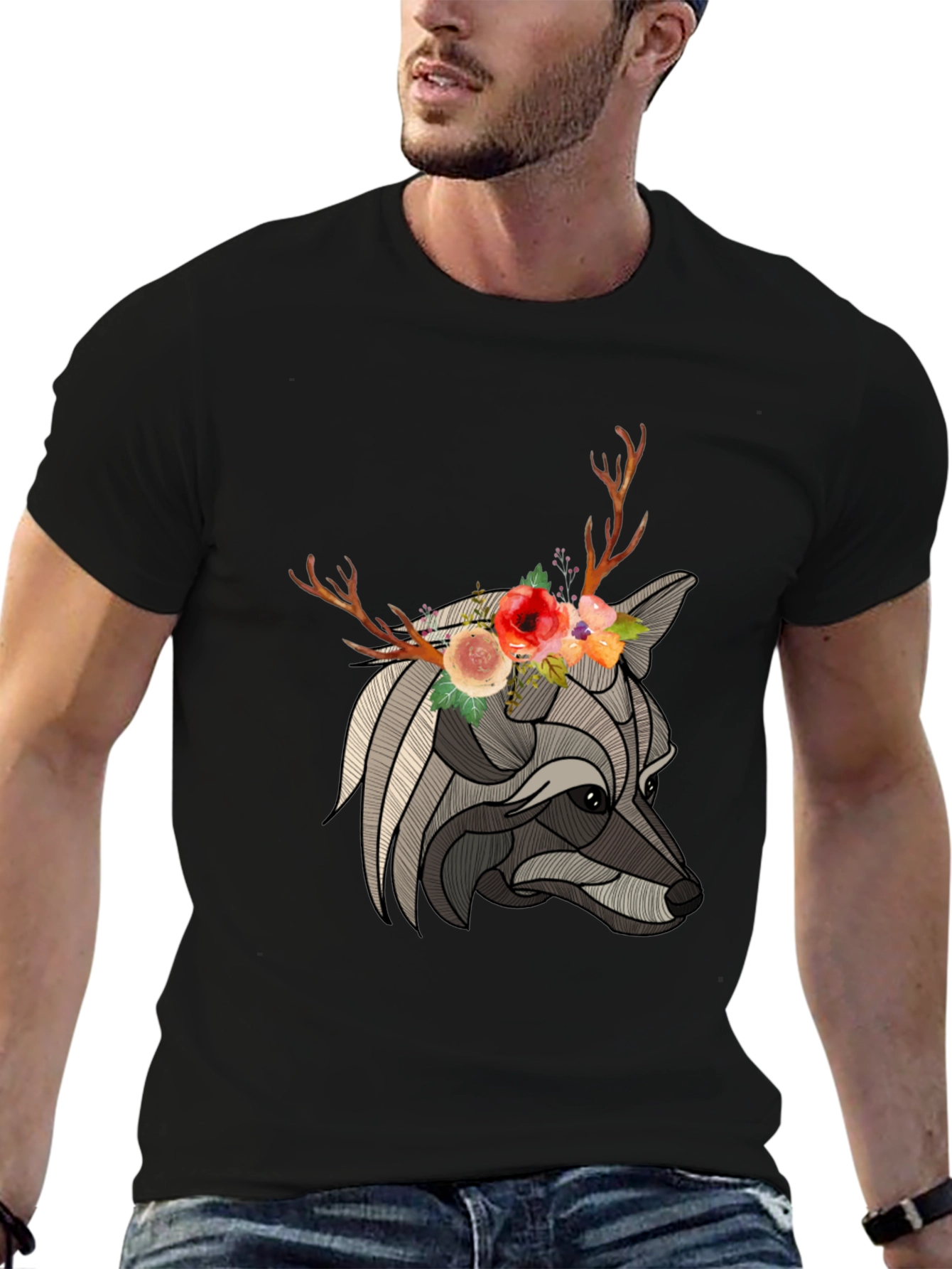 Floral Antler Wolf Graphic Tee