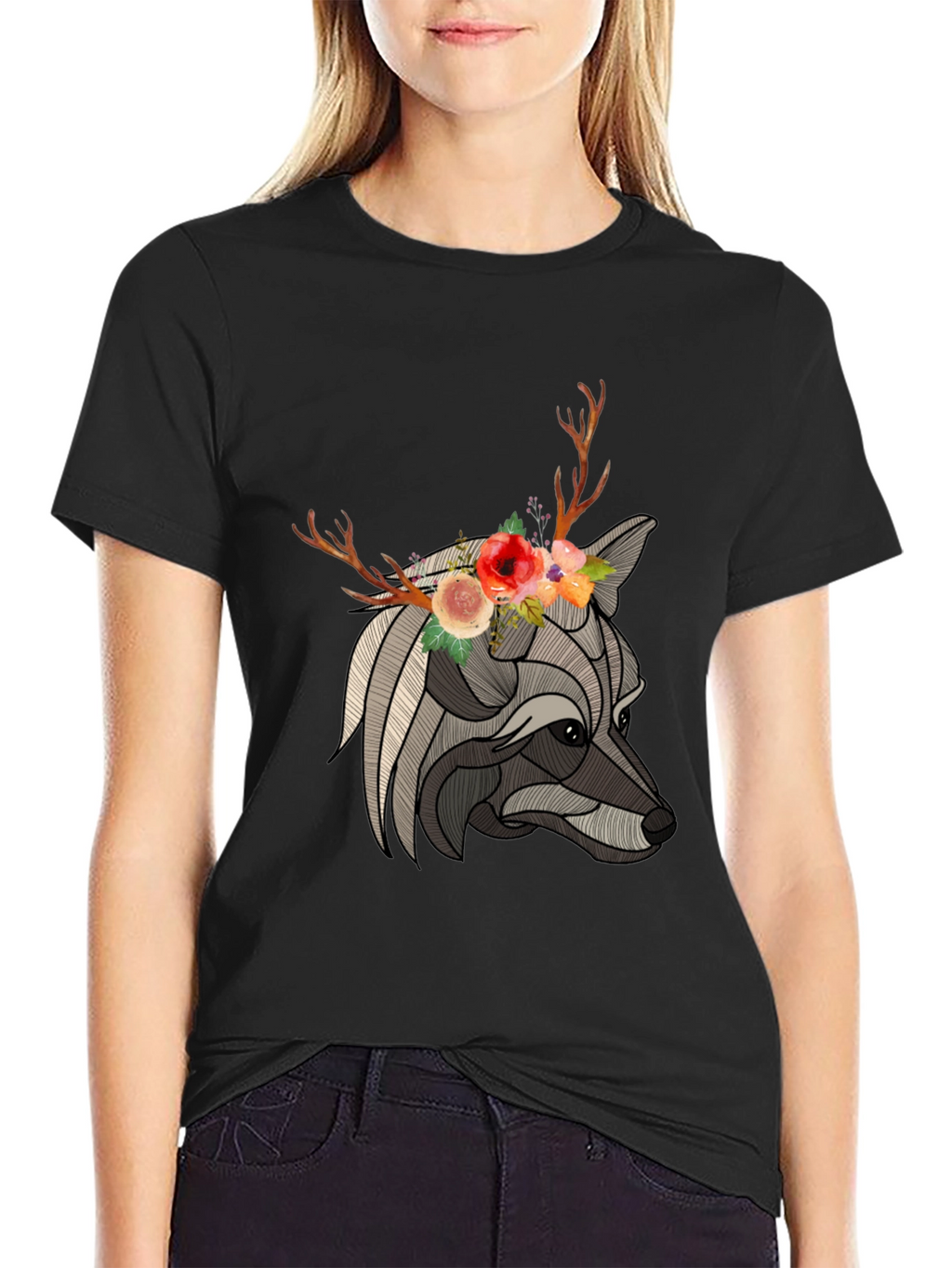 Floral Antler Wolf Graphic Tee