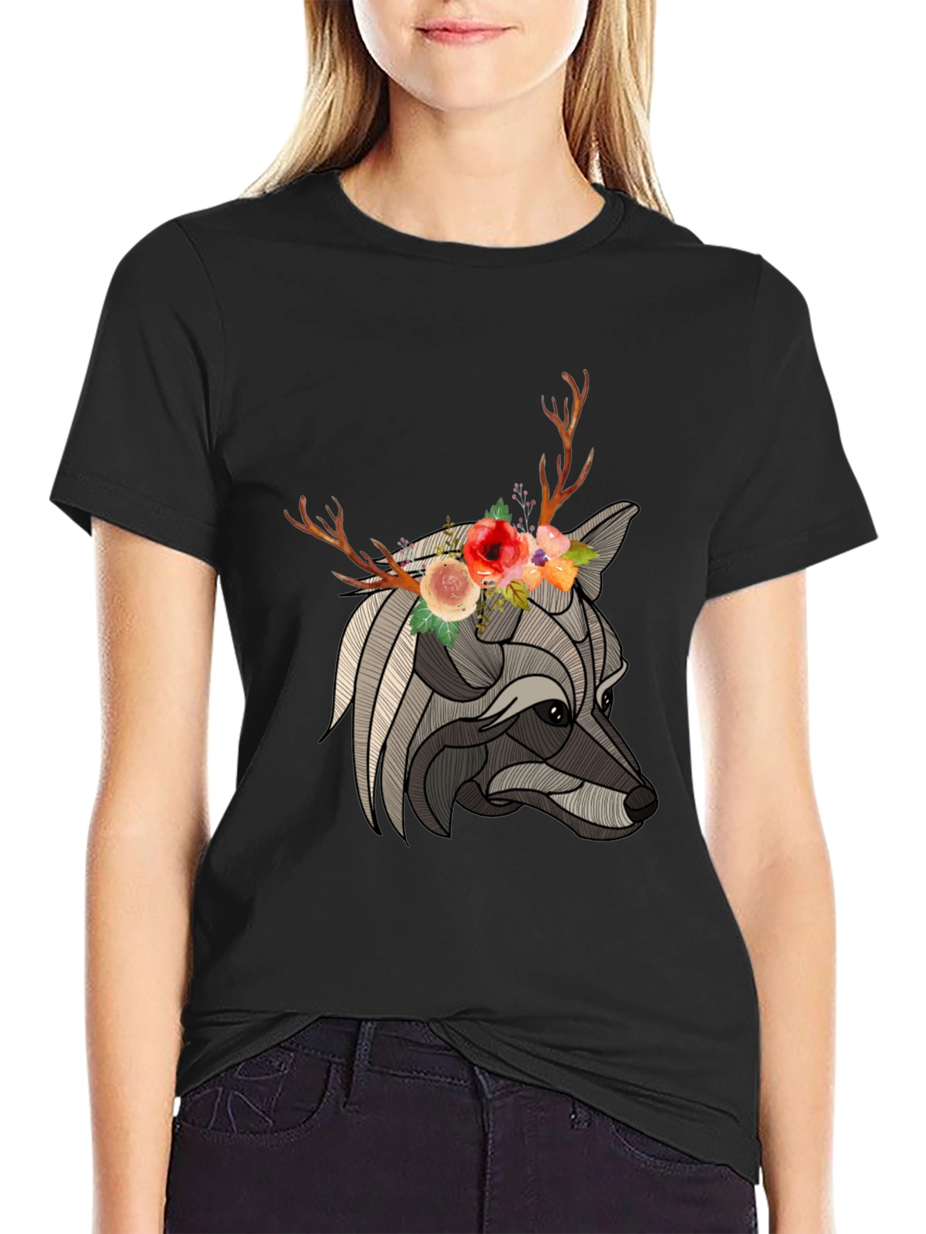 Floral Antler Wolf Graphic Tee