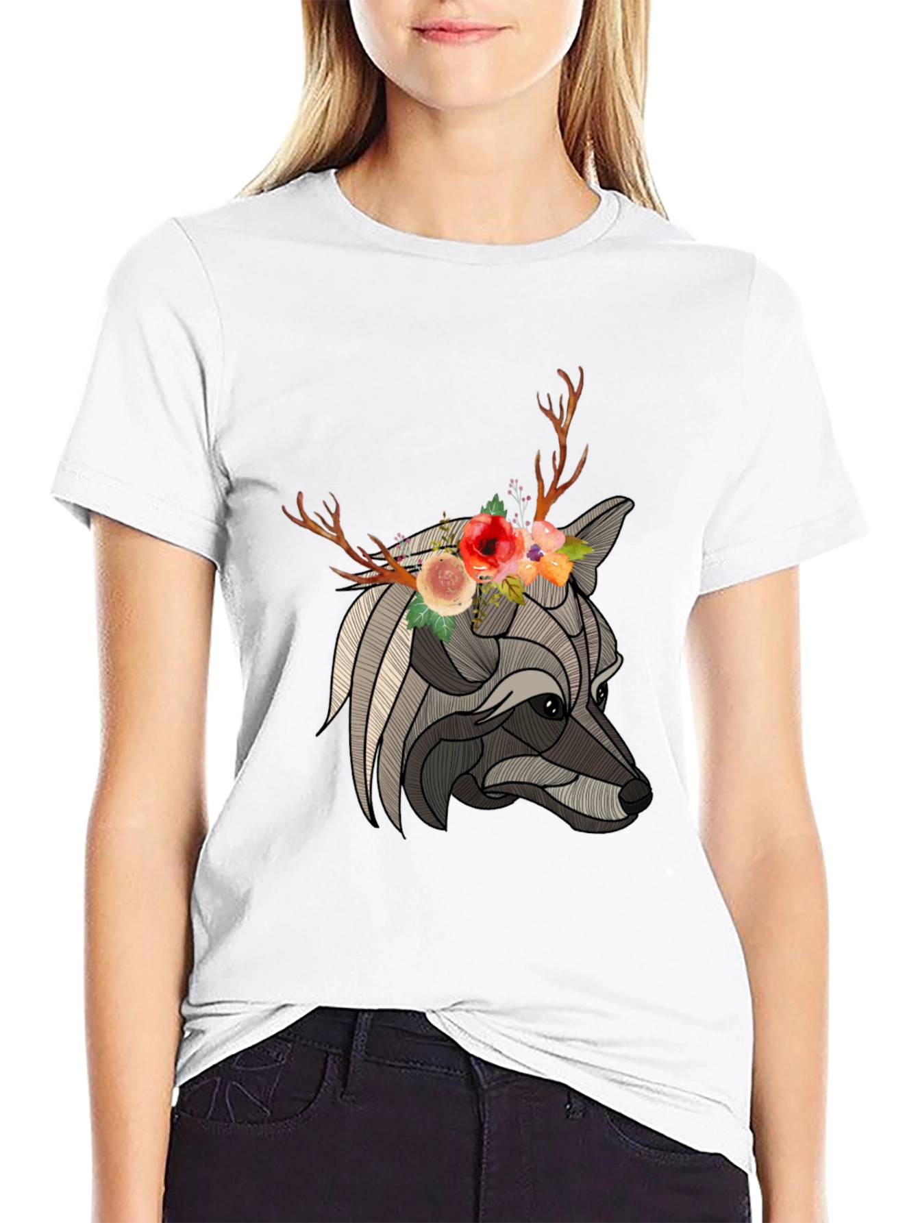 Floral Antler Wolf Graphic Tee