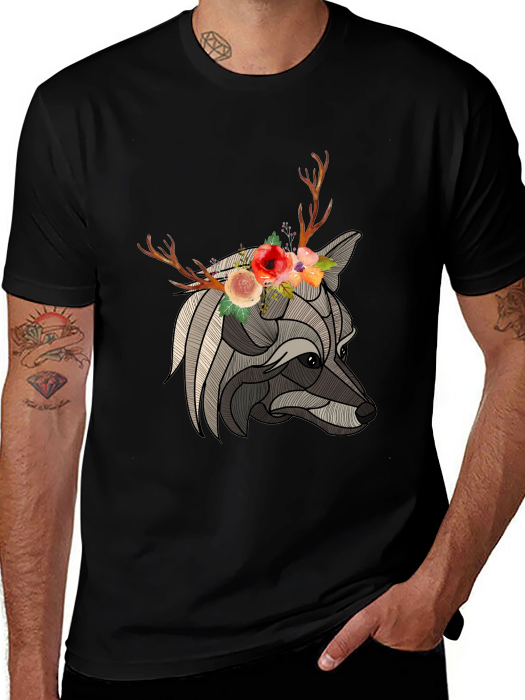 Floral Antler Wolf Graphic Tee
