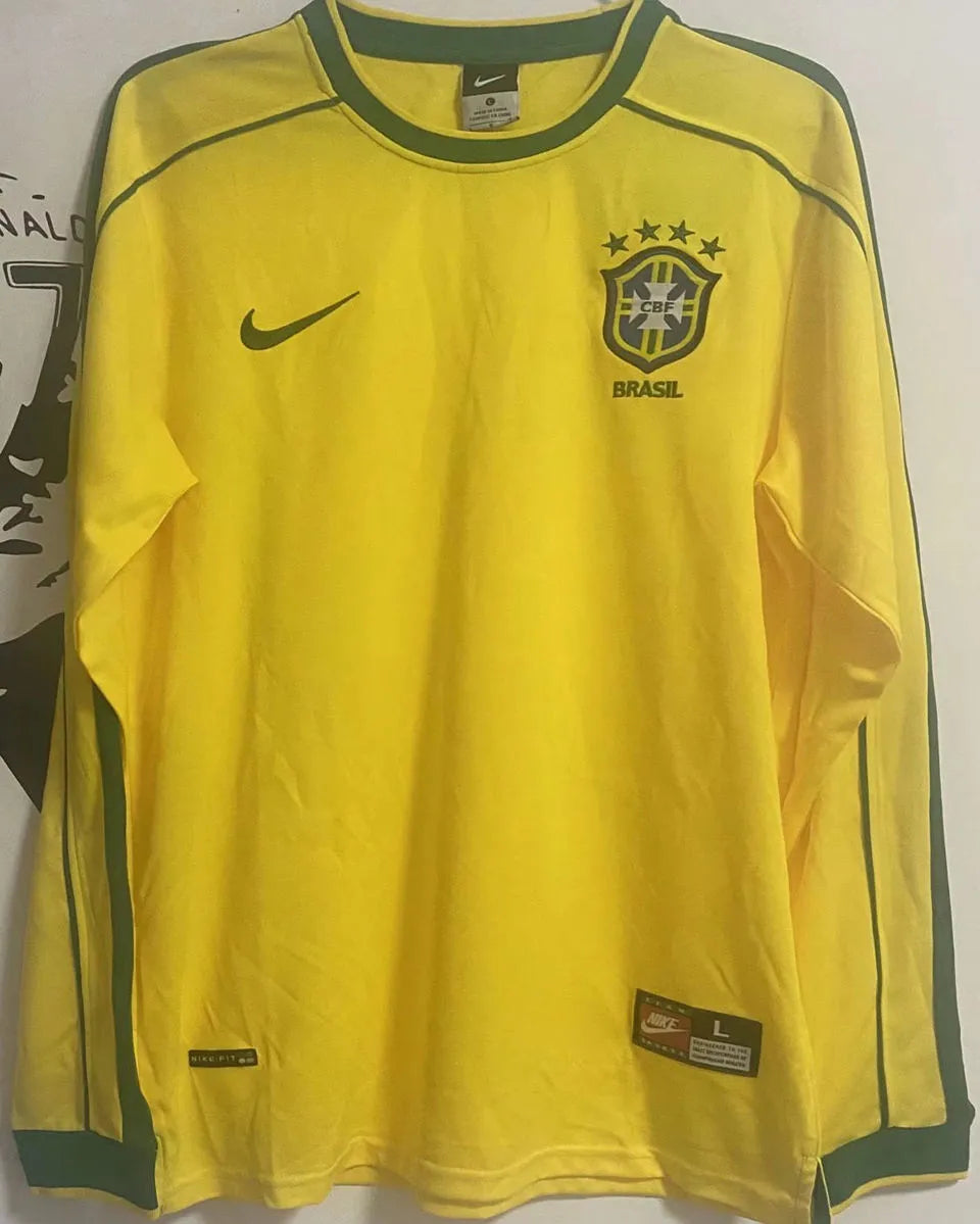 1998 Brazil Home Yellow Retro Long Sleeve Jersey (No small fonts on the chest) Front
