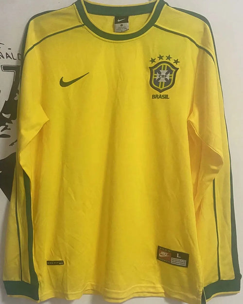 1998 Brazil Home Yellow Retro Long Sleeve Jersey (No small fonts on the chest) Front
