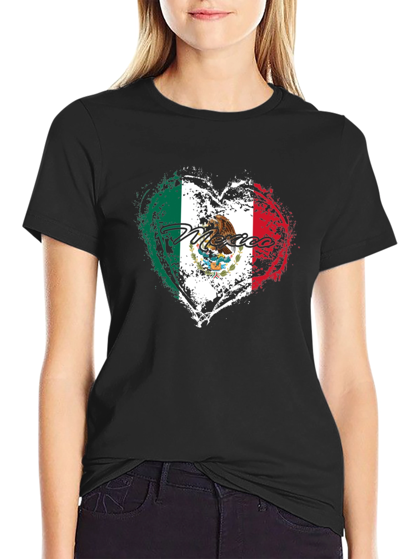 Mexico Flag Heart Black T-Shirt