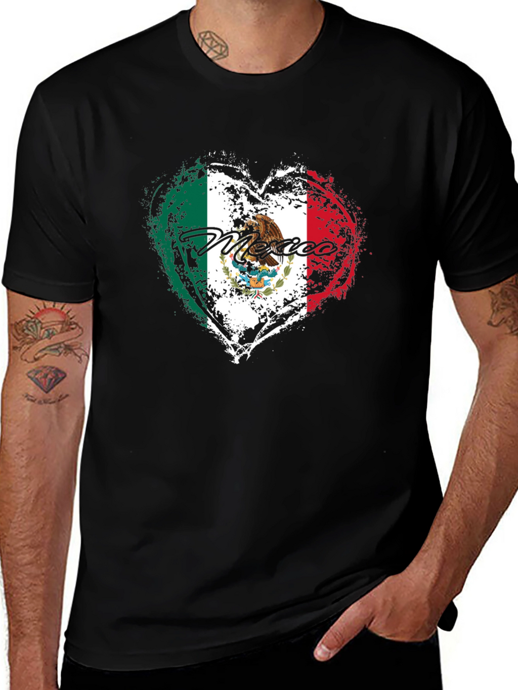 Mexico Flag Heart Black T-Shirt