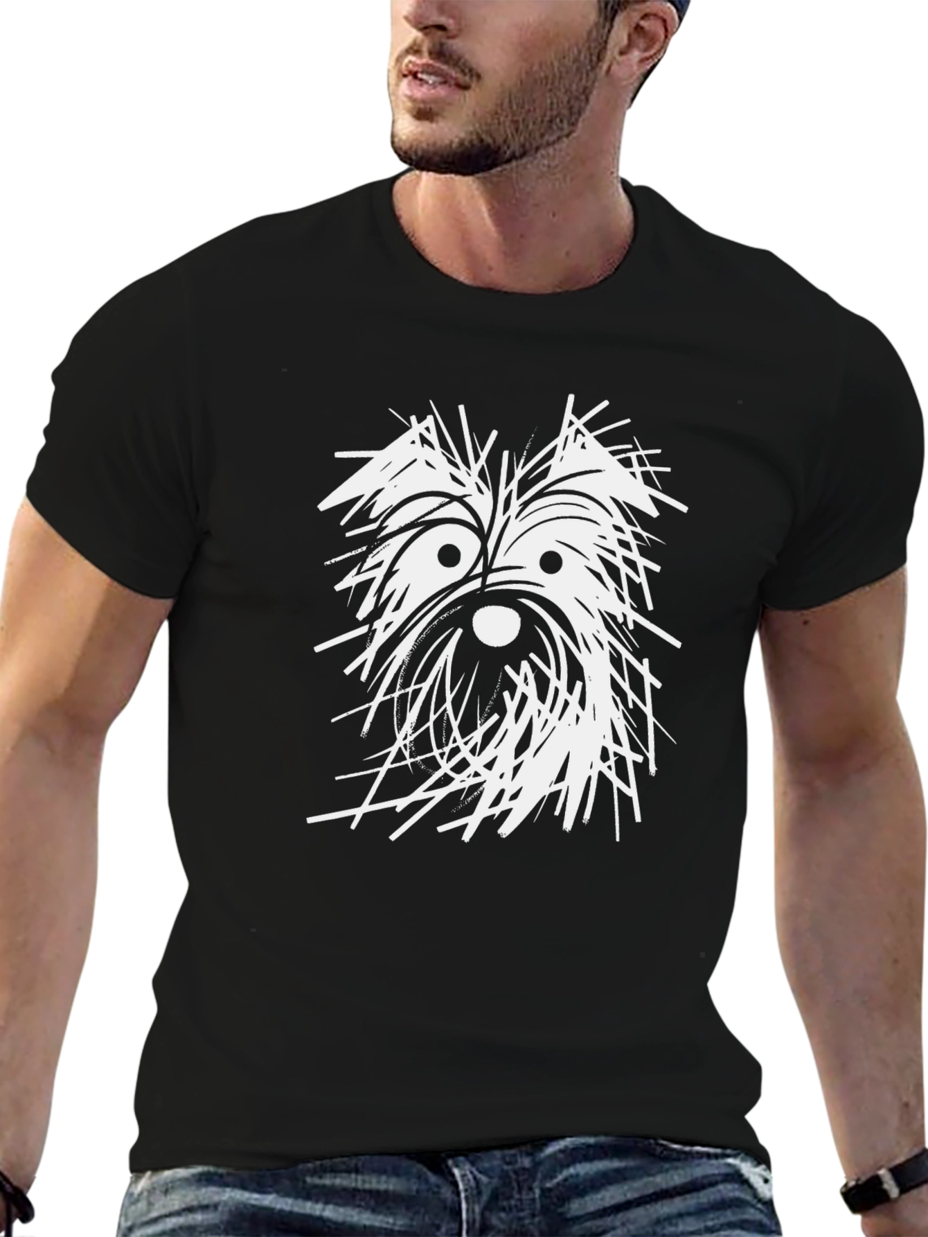 Dog Sketch Graphic Tee - Black Cotton T-Shirt