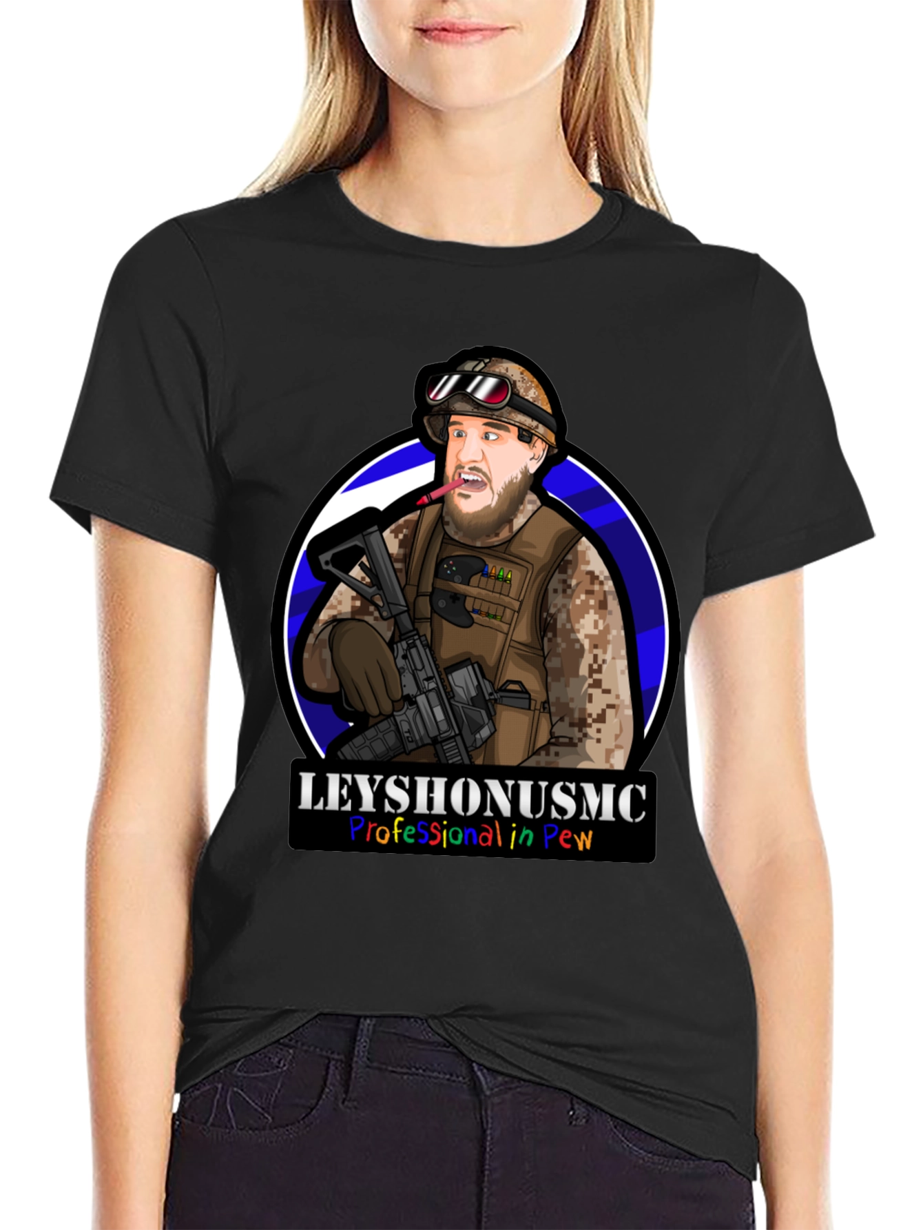 LeyshOnUSMC Pro in Pew T-Shirt - Military Cartoon