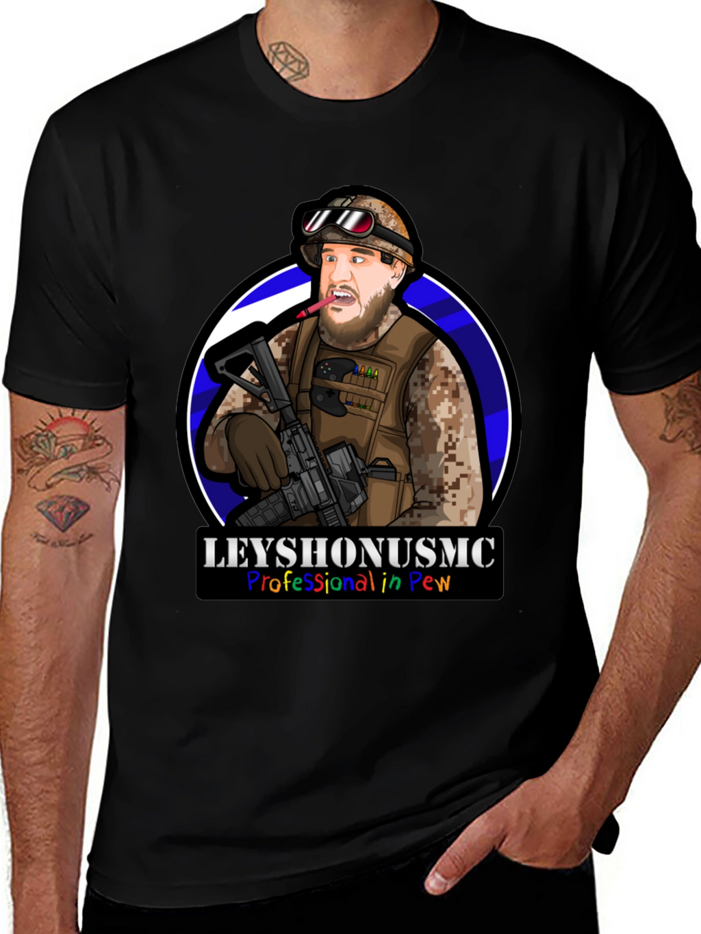 LeyshOnUSMC Pro in Pew T-Shirt - Military Cartoon