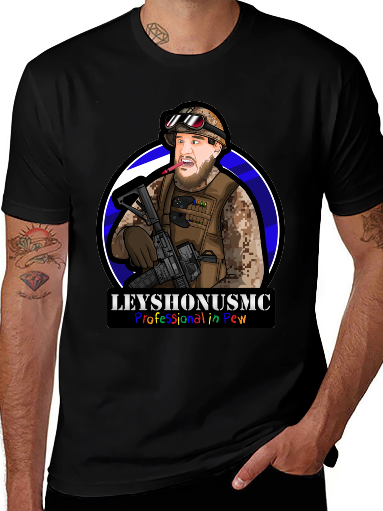 LeyshOnUSMC Pro in Pew T-Shirt - Military Cartoon