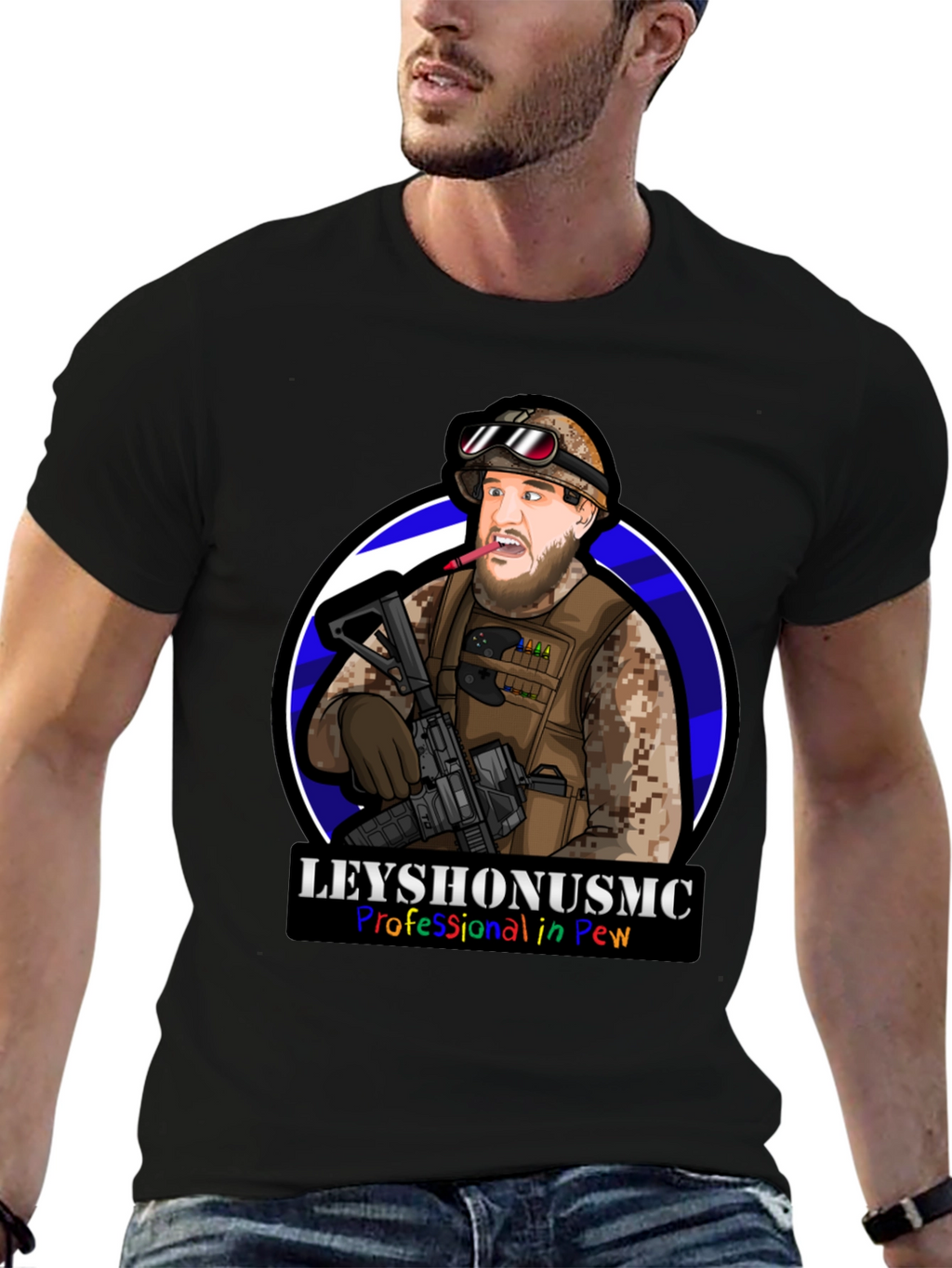 LeyshOnUSMC Pro in Pew T-Shirt - Military Cartoon