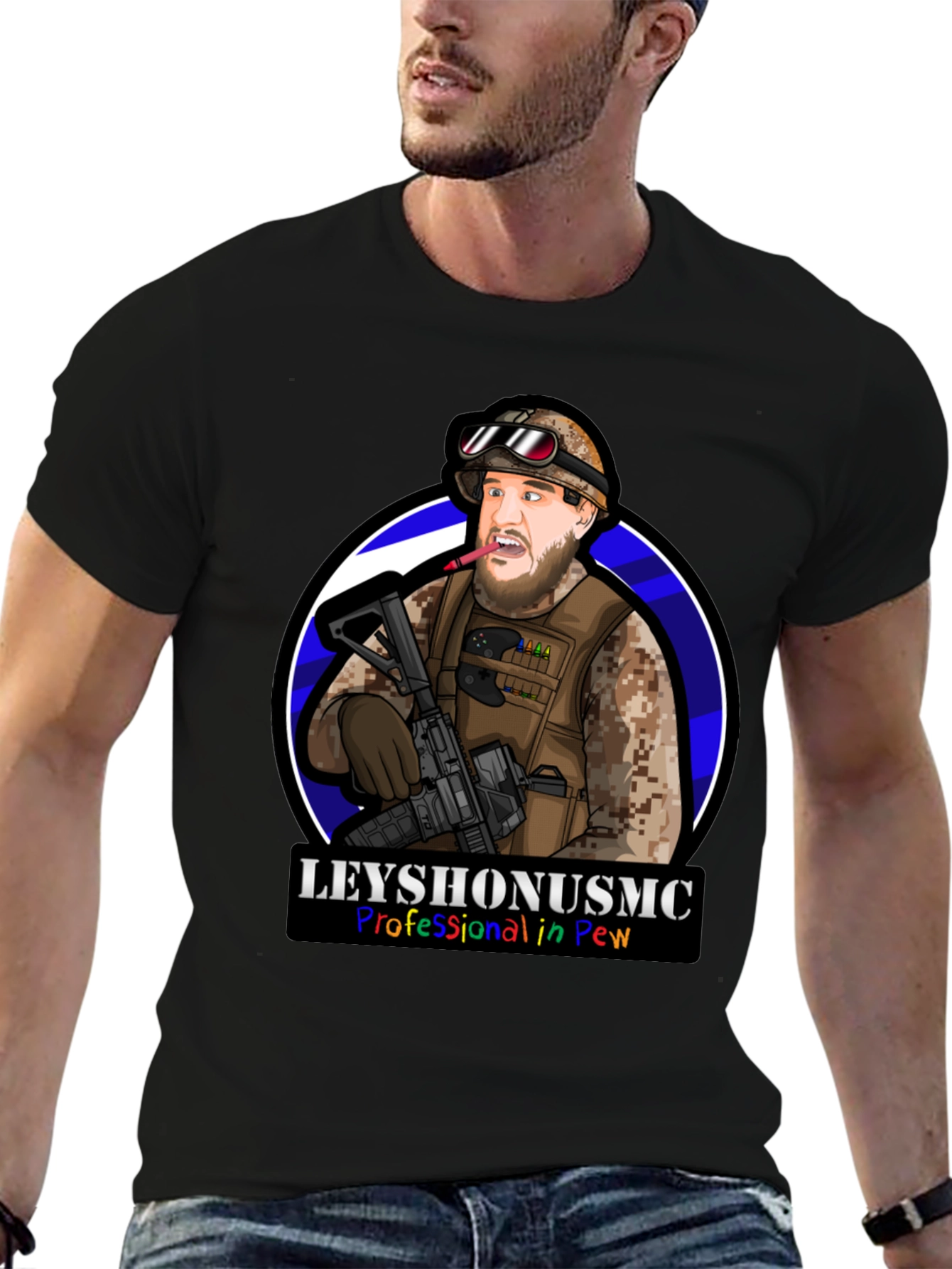 LeyshOnUSMC Pro in Pew T-Shirt - Military Cartoon