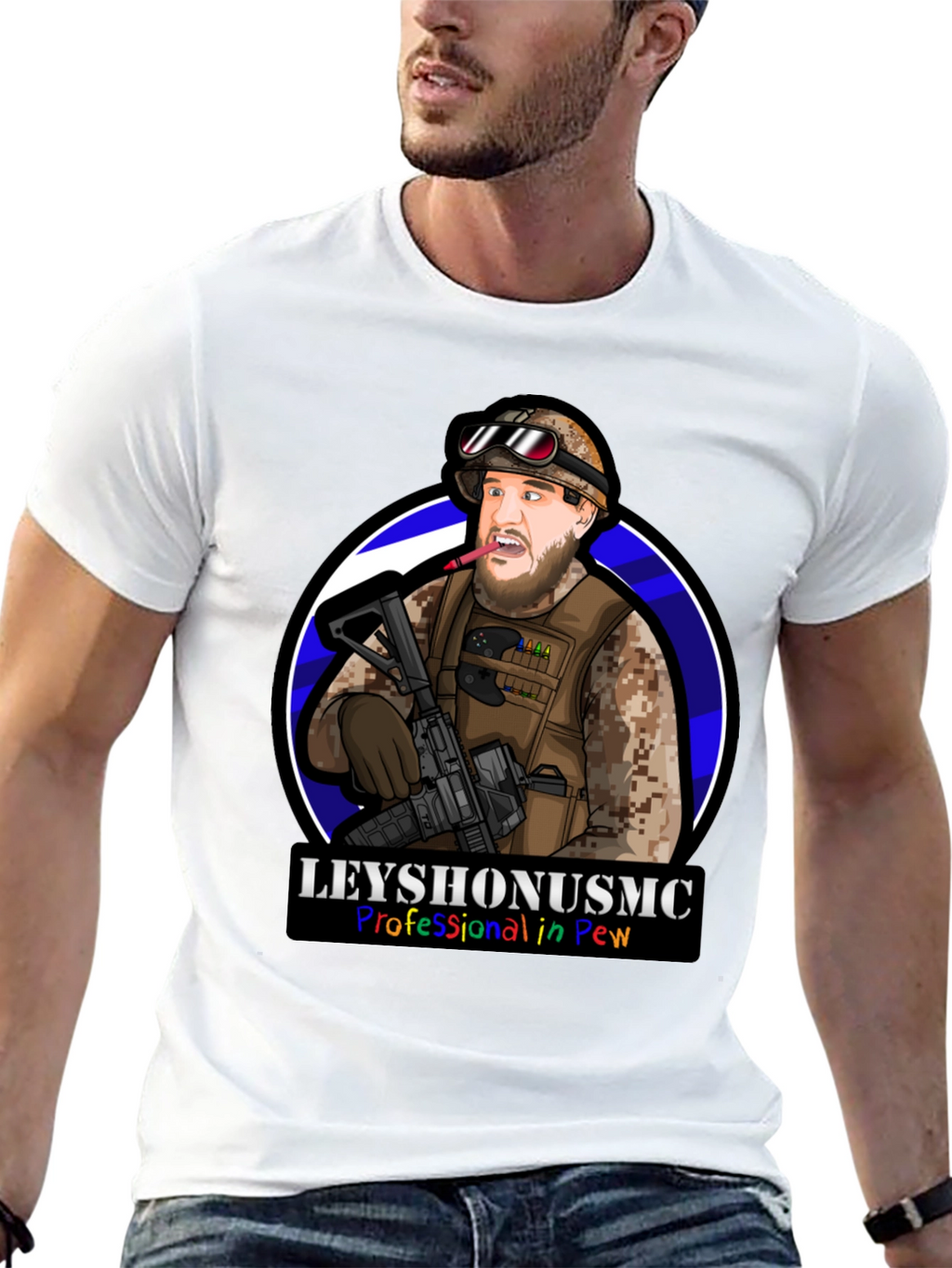 LeyshOnUSMC Pro in Pew T-Shirt - Military Cartoon
