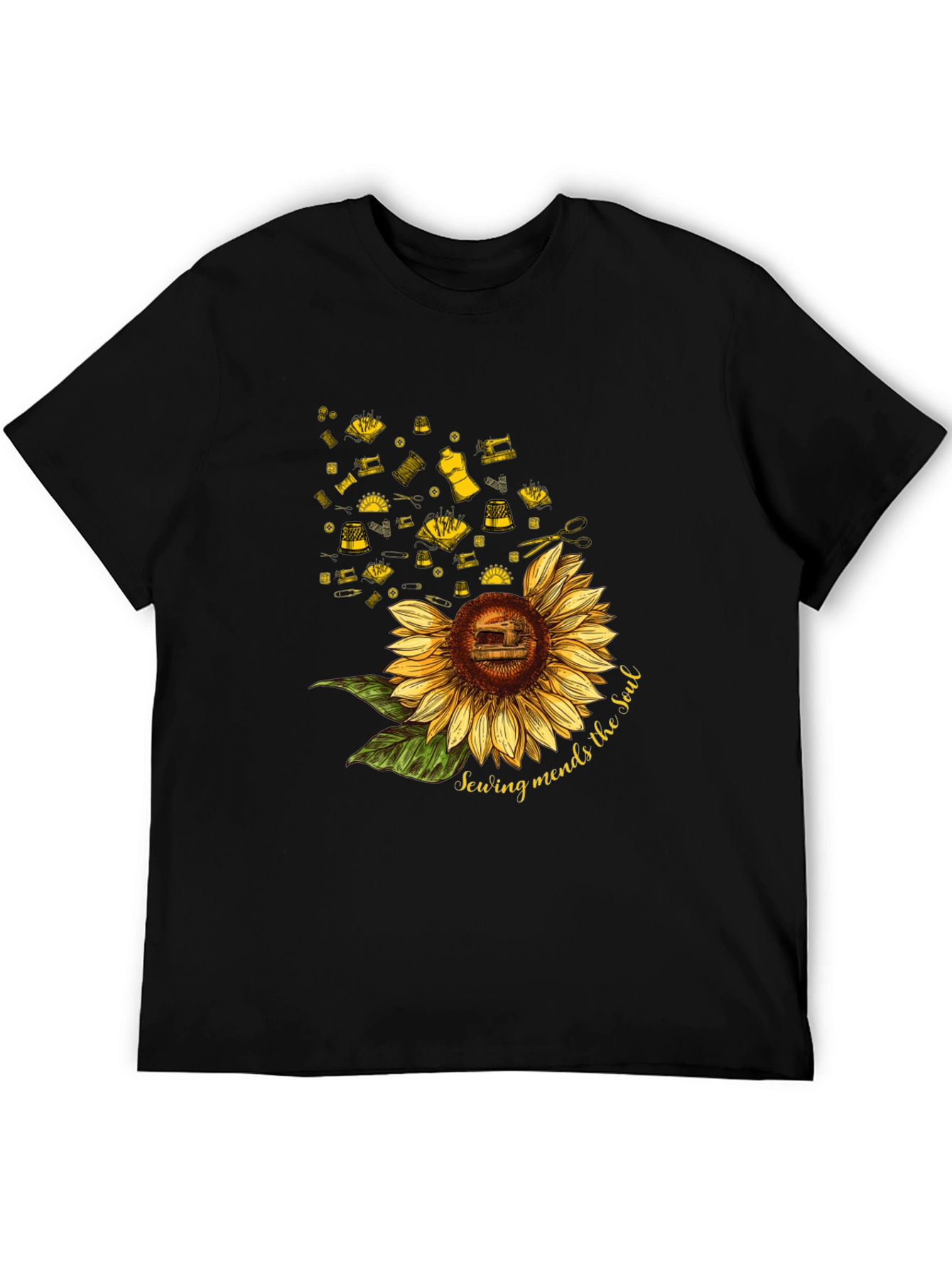 Sewing Mends the Soul Sunflower Black T-Shirt