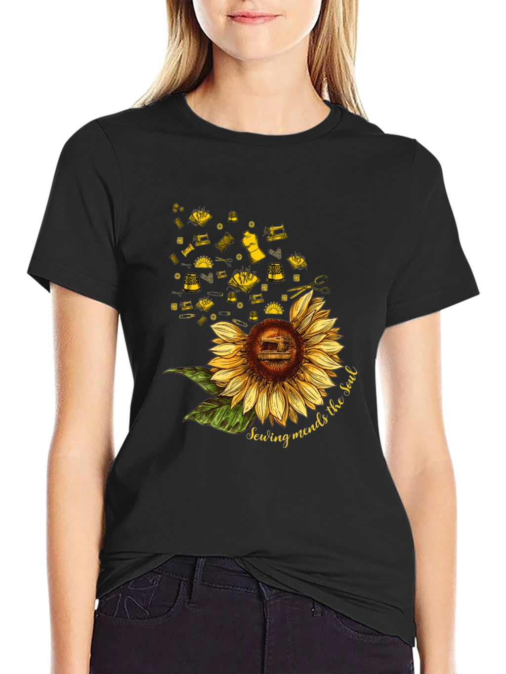 Sewing Mends the Soul Sunflower Black T-Shirt