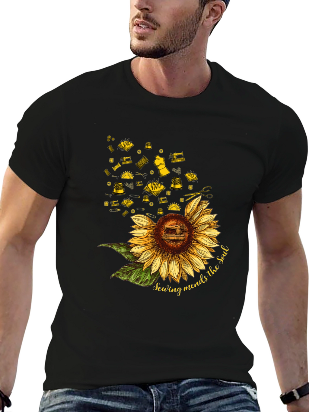 Sewing Mends the Soul Sunflower Black T-Shirt
