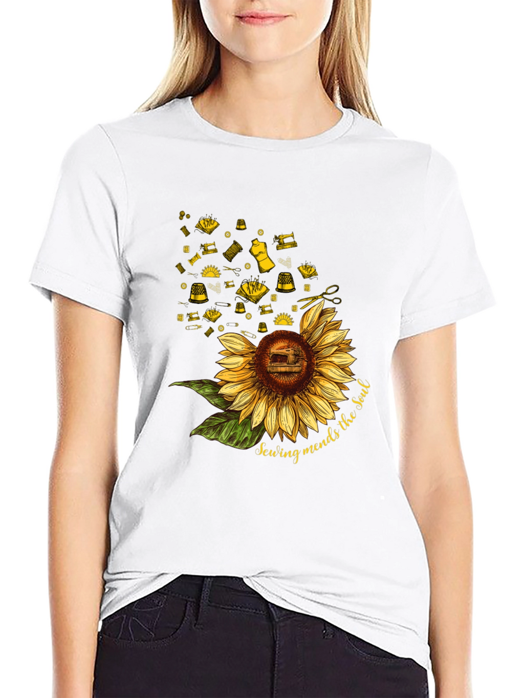 Sewing Mends the Soul Sunflower Black T-Shirt