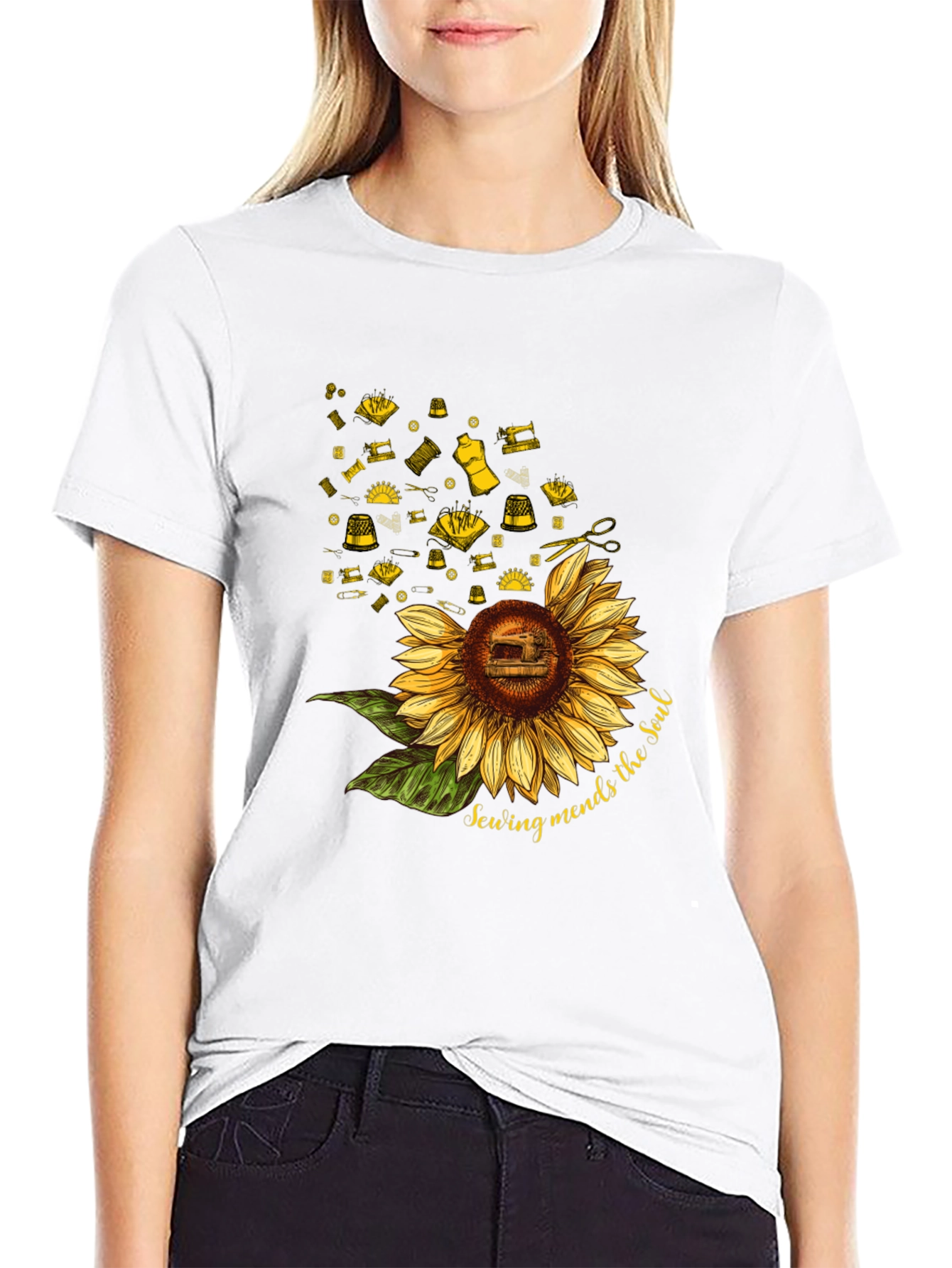 Sewing Mends the Soul Sunflower Black T-Shirt