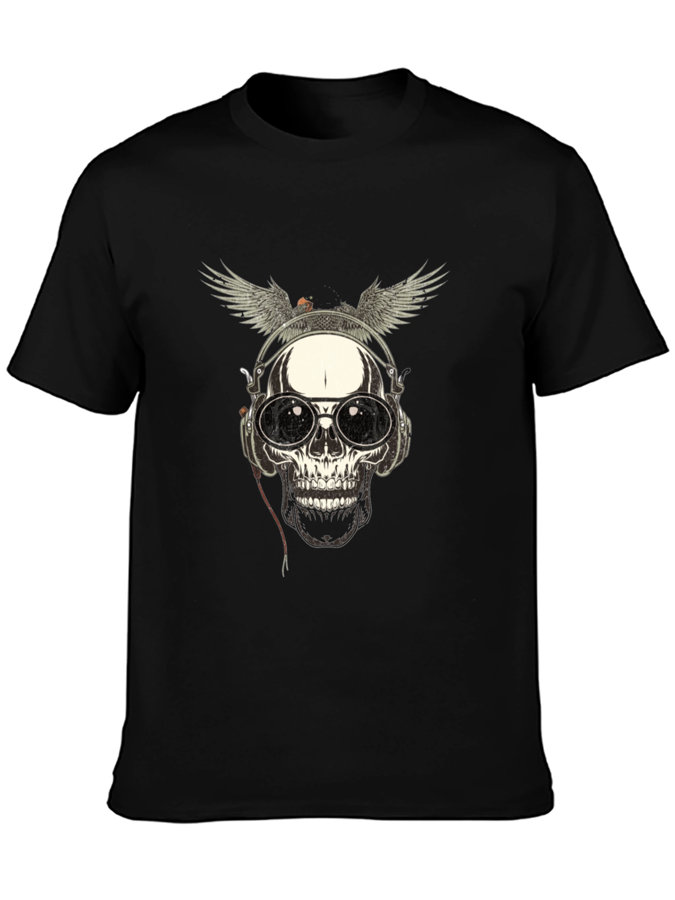 Skull with Wings & Headphones Graphic Tee - Black