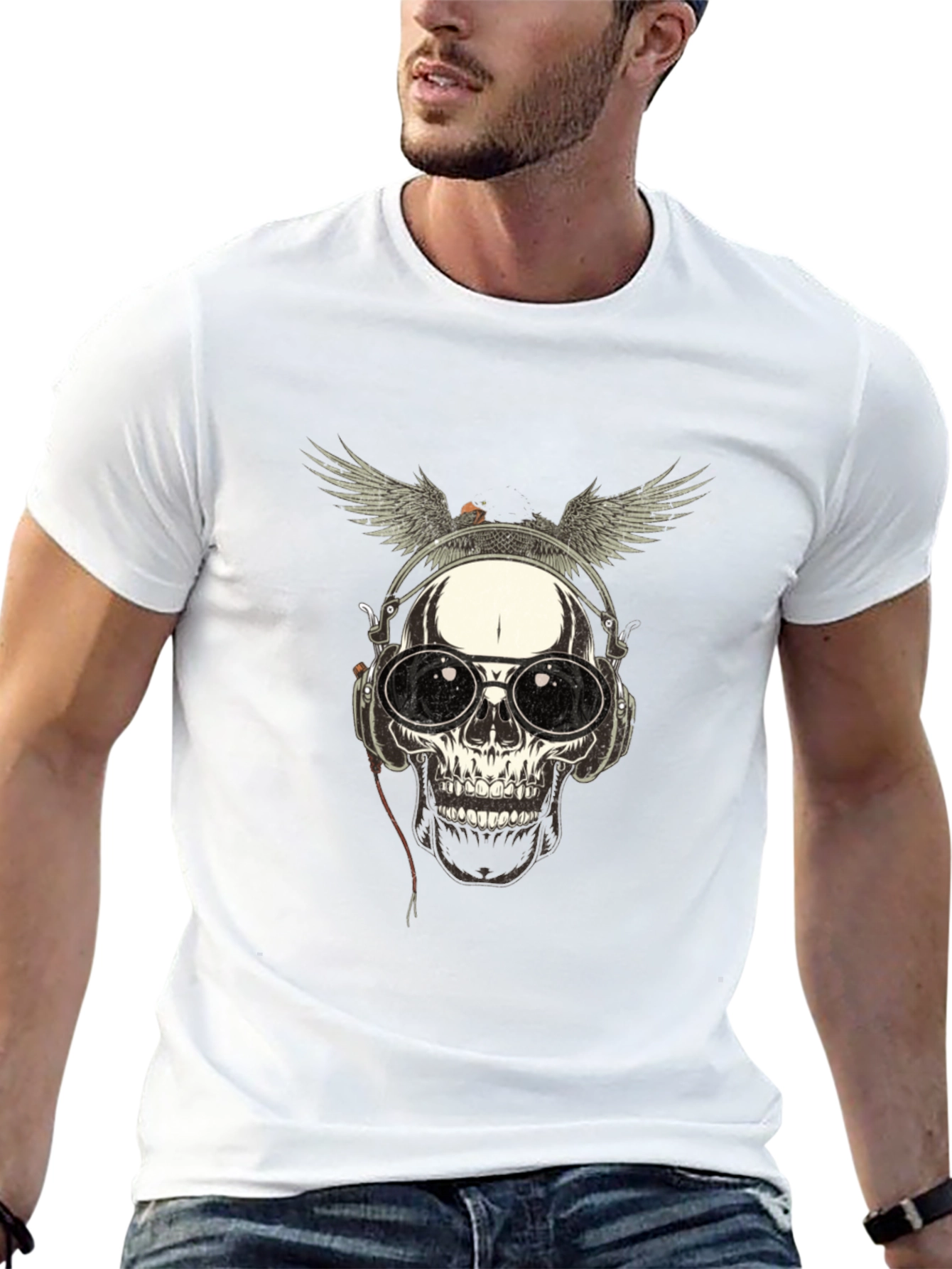 Skull with Wings & Headphones Graphic Tee - Black