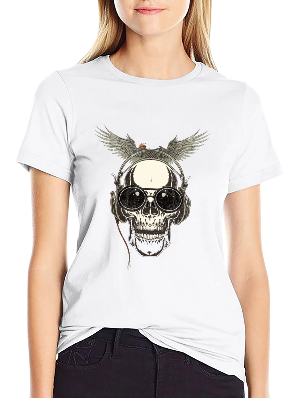 Skull with Wings & Headphones Graphic Tee - Black