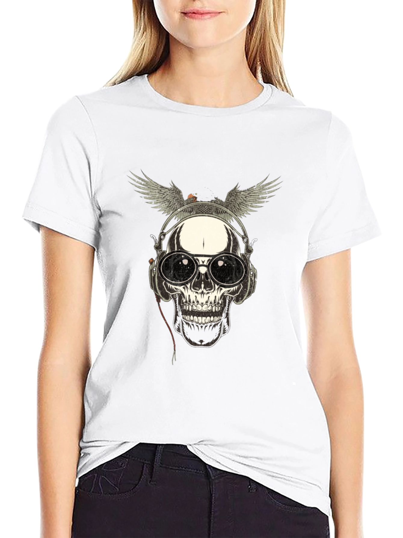 Skull with Wings & Headphones Graphic Tee - Black
