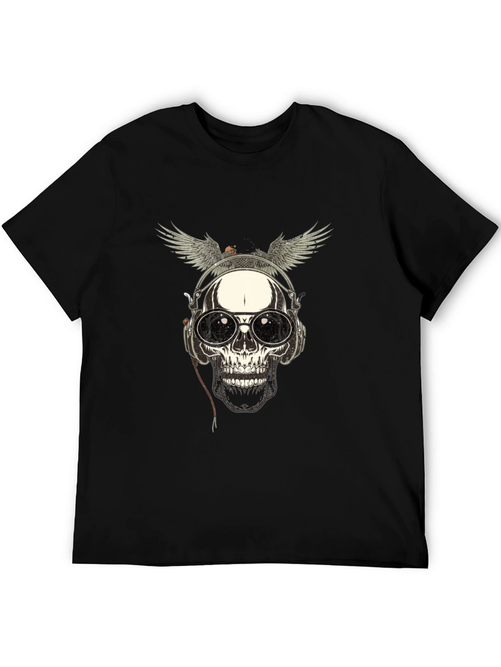 Skull with Wings & Headphones Graphic Tee - Black