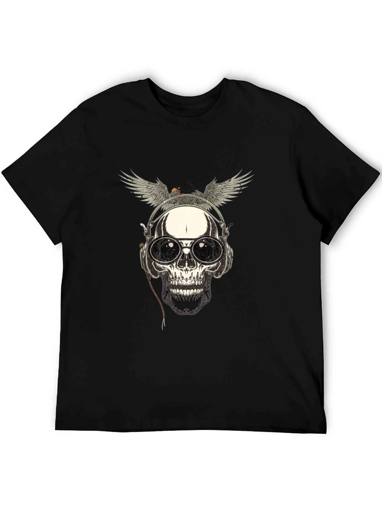 Skull with Wings & Headphones Graphic Tee - Black