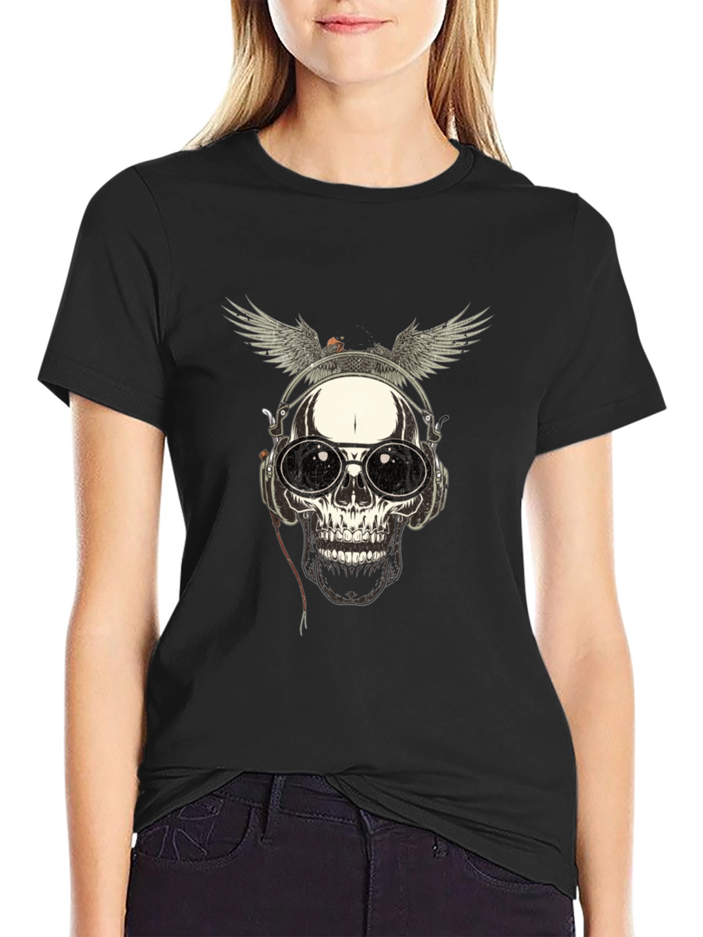 Skull with Wings & Headphones Graphic Tee - Black