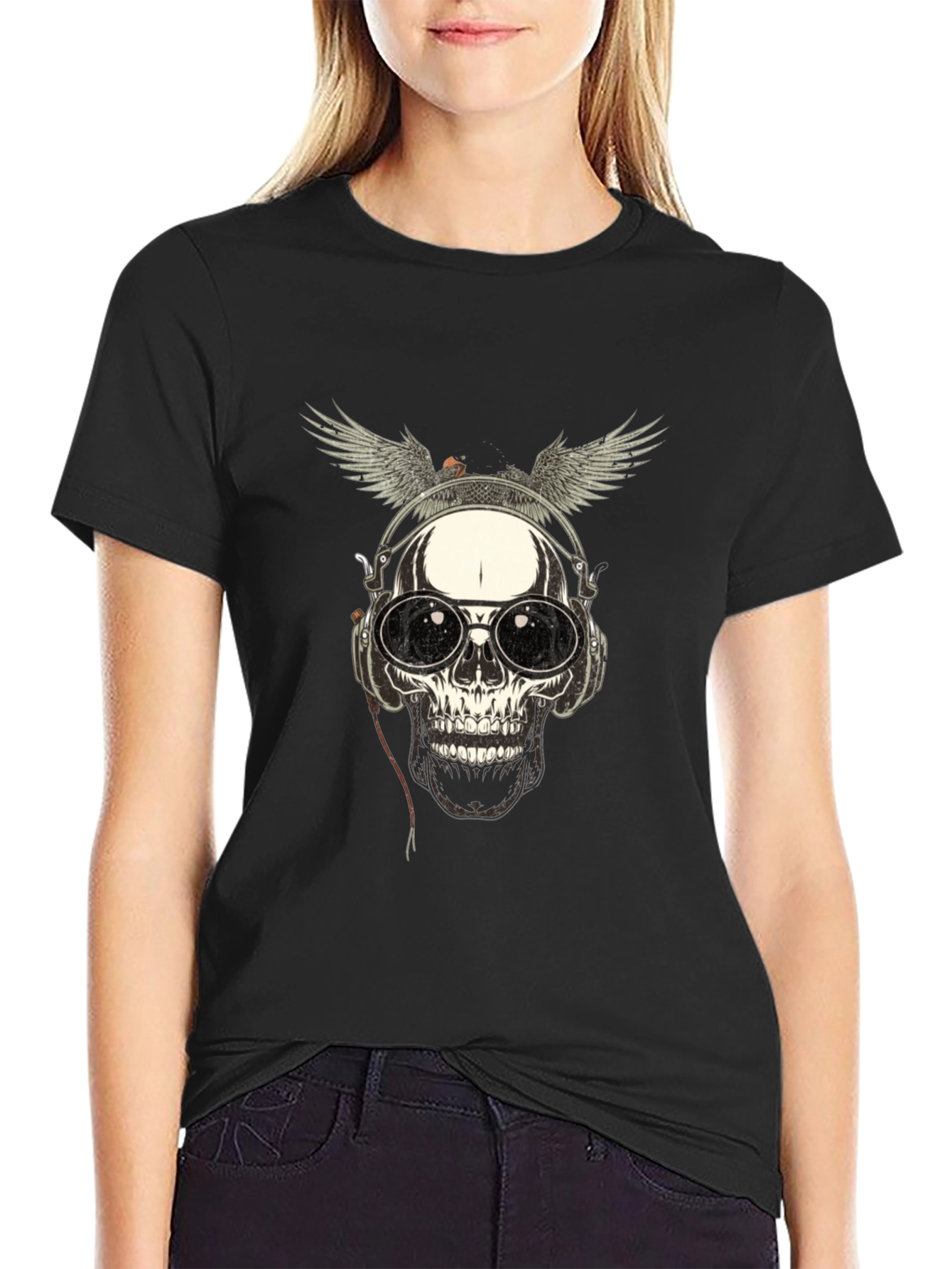 Skull with Wings & Headphones Graphic Tee - Black