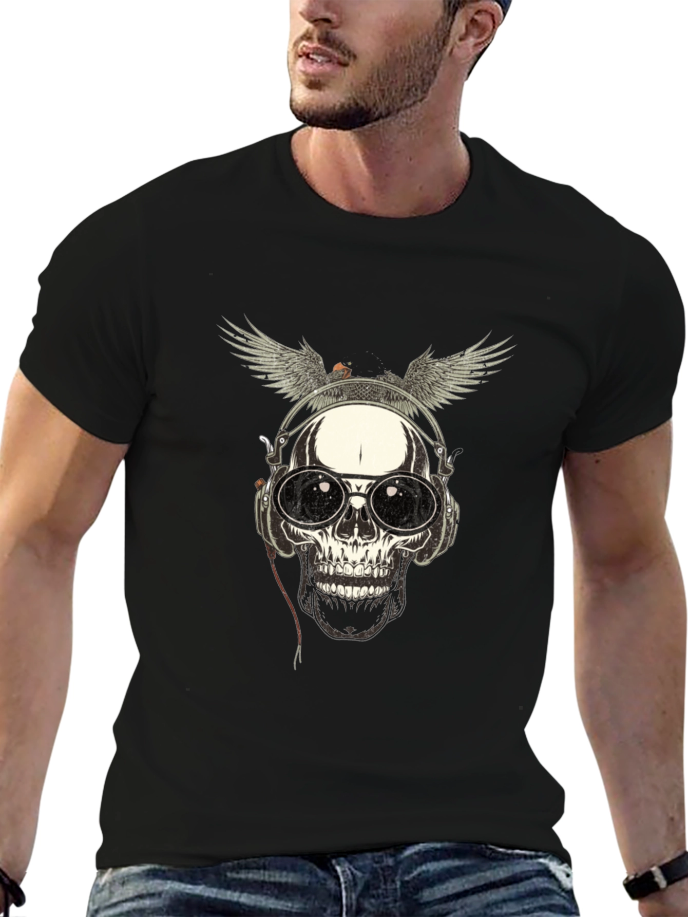 Skull with Wings & Headphones Graphic Tee - Black