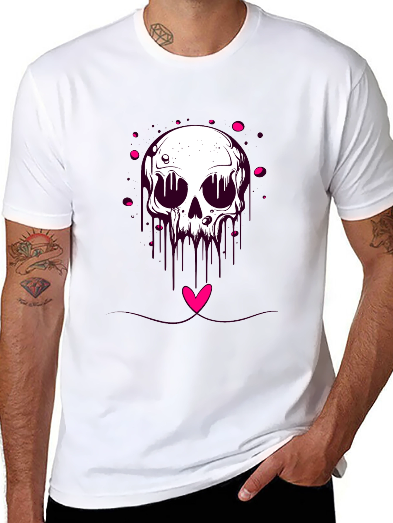 Edgy Skull Heart Graphic Tee - Black Cotton Blend