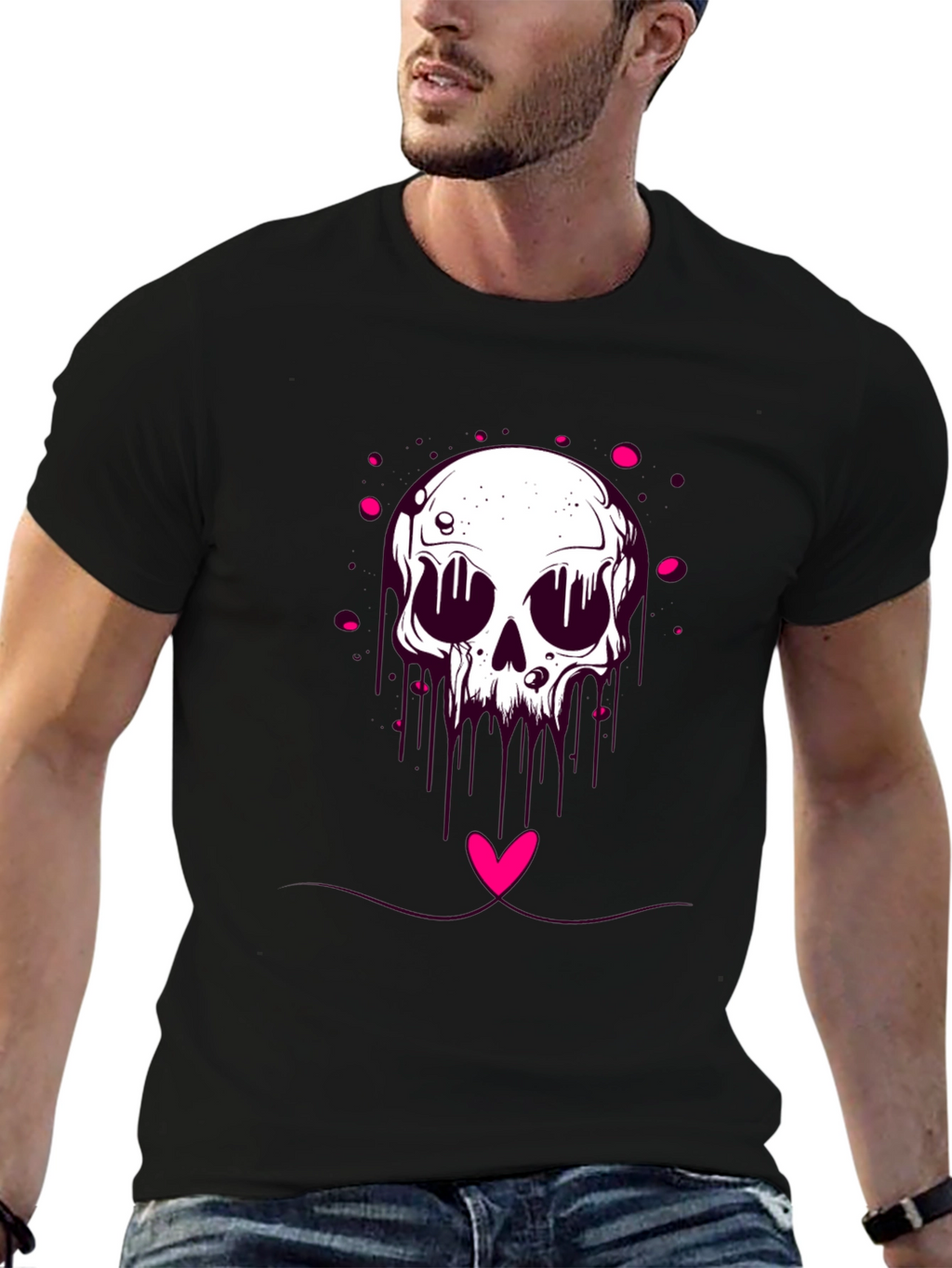 Edgy Skull Heart Graphic Tee - Black Cotton Blend