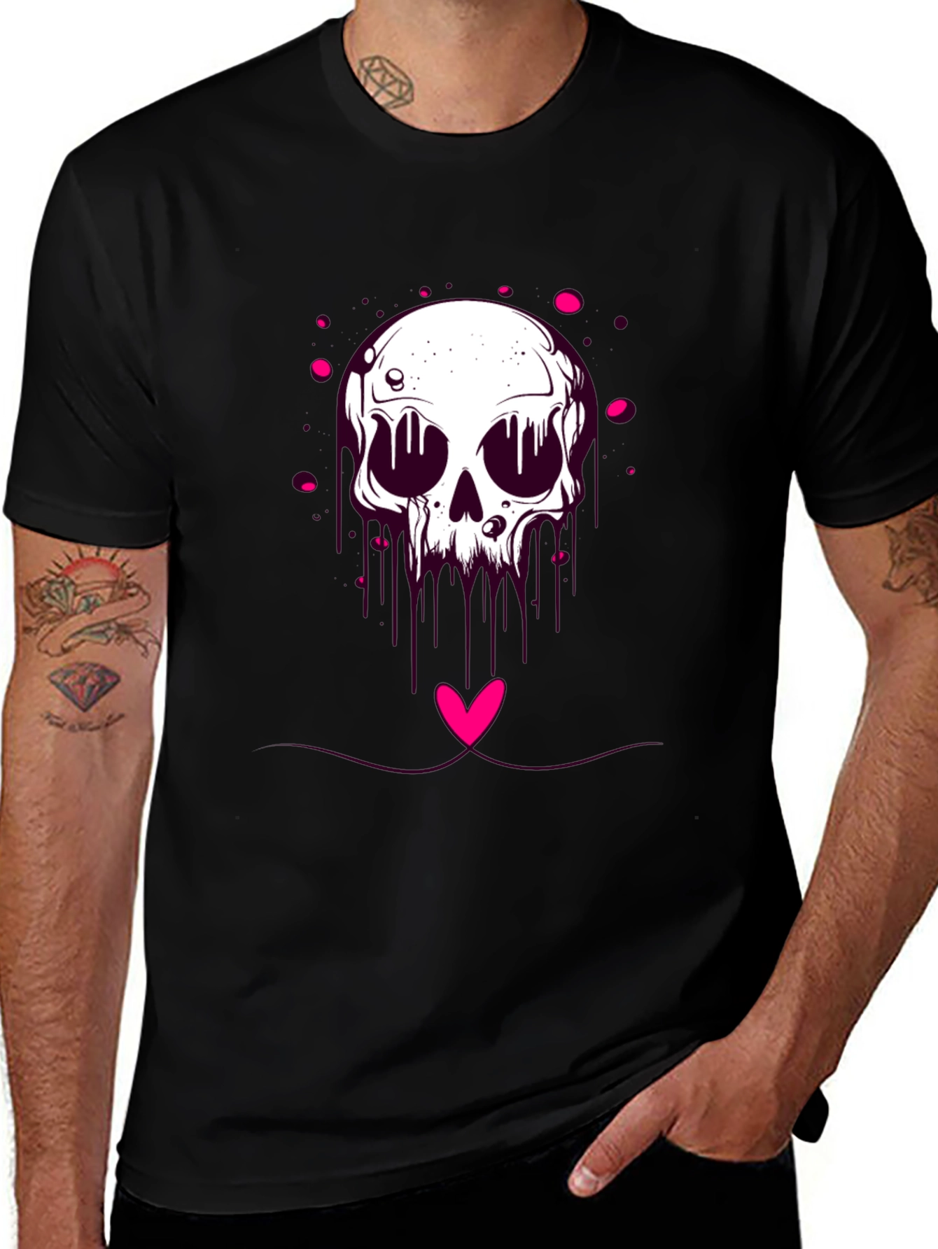 Edgy Skull Heart Graphic Tee - Black Cotton Blend