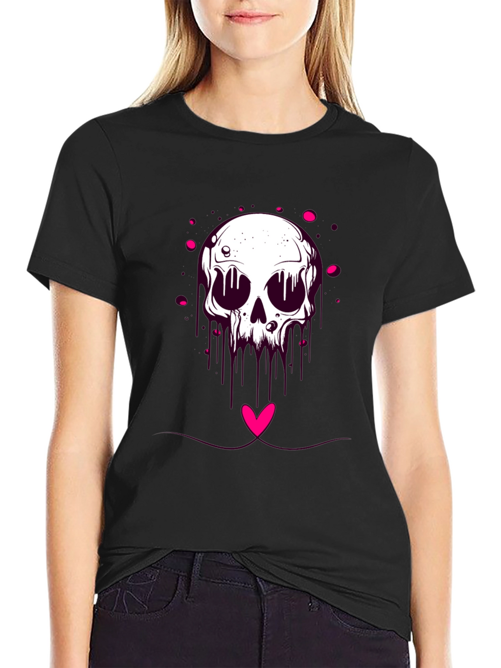 Edgy Skull Heart Graphic Tee - Black Cotton Blend