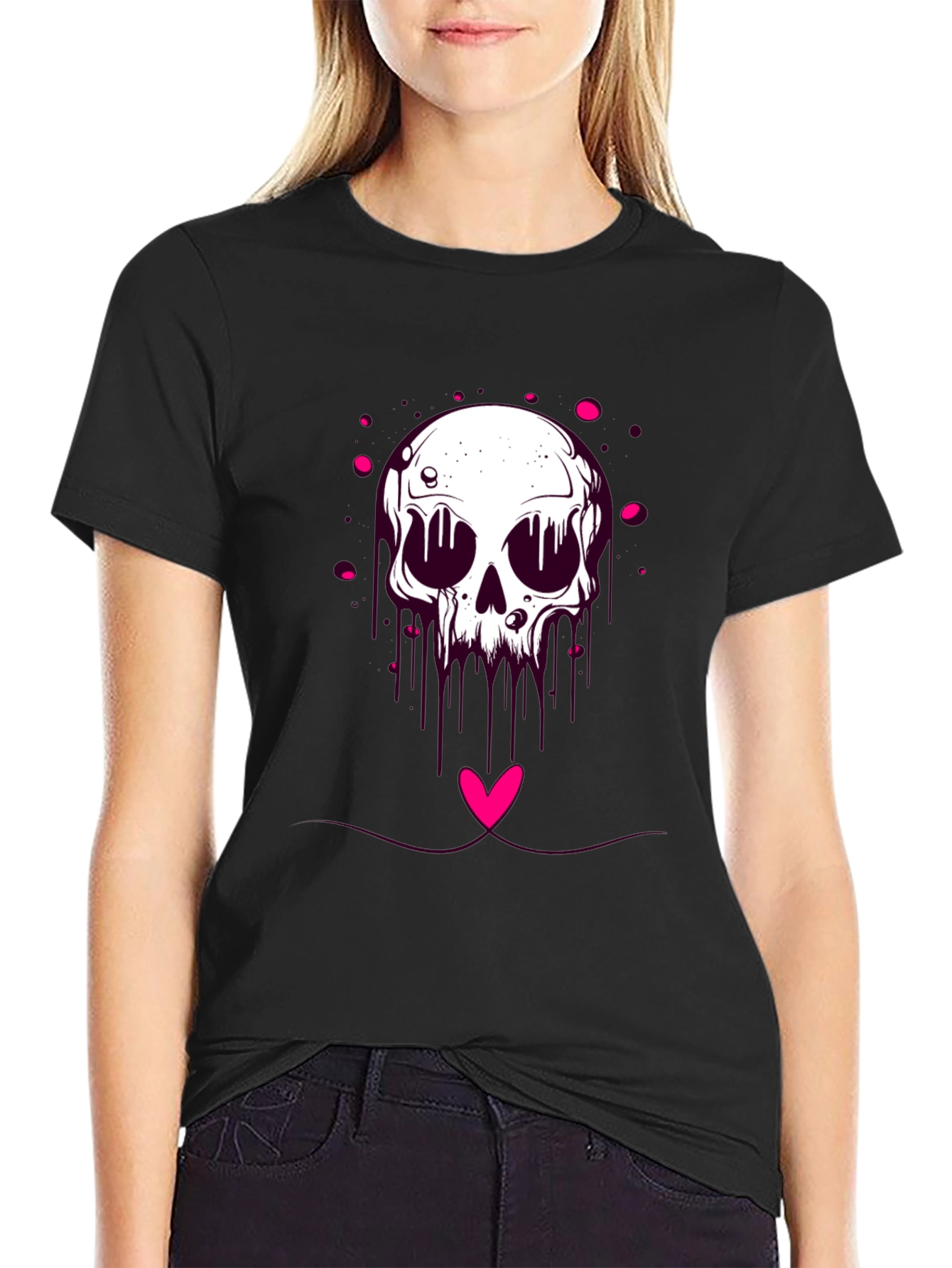 Edgy Skull Heart Graphic Tee - Black Cotton Blend