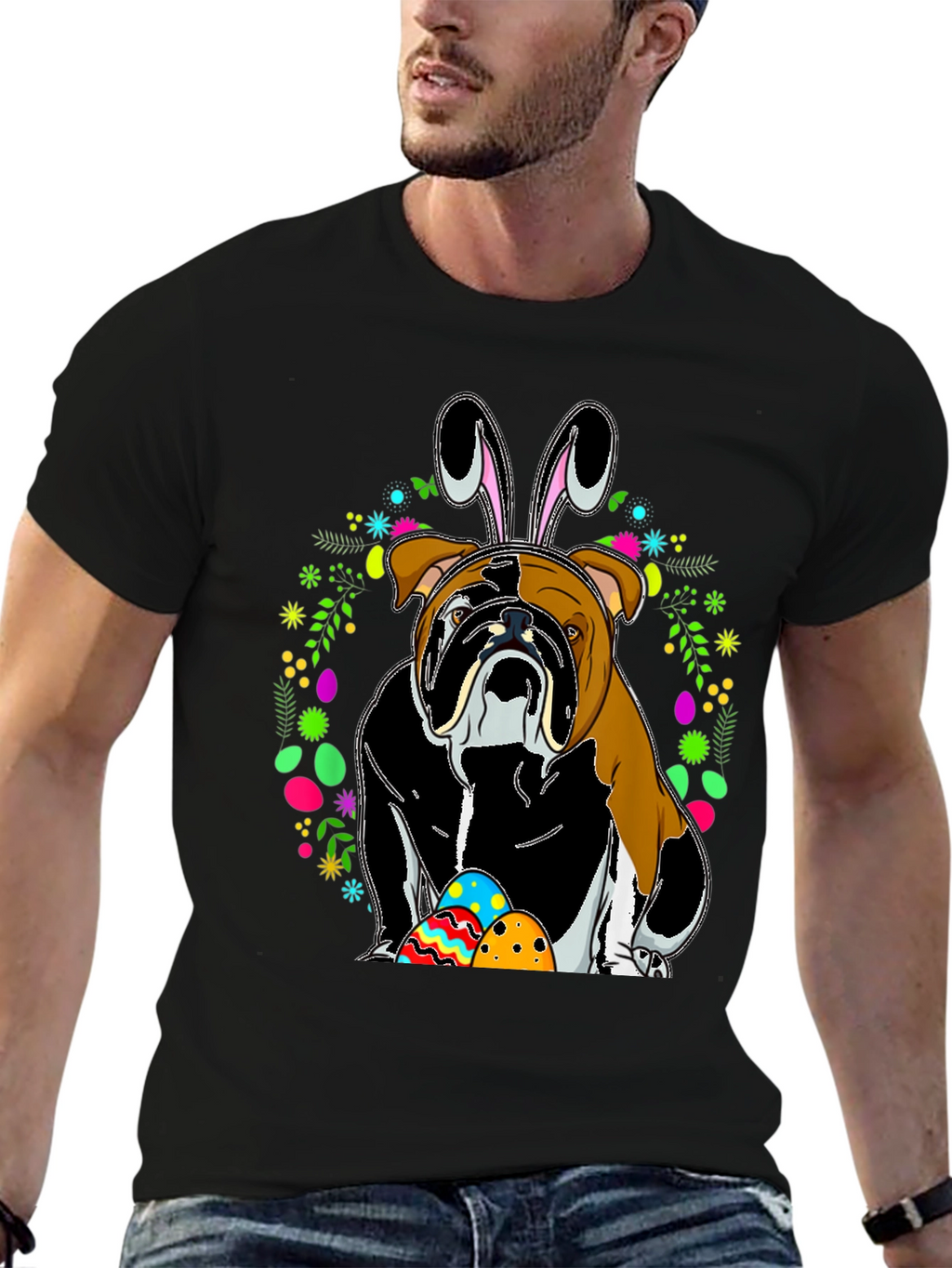Bulldog Easter Bunny T-Shirt - Mens Black Tee