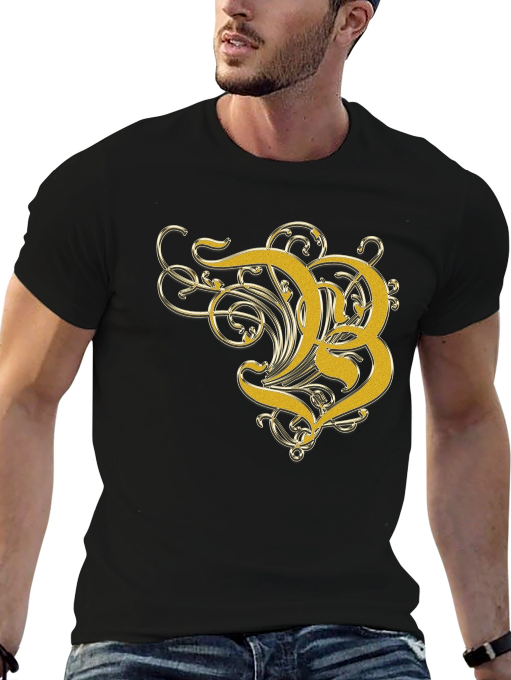 Golden Letter B Graphic Black T-Shirt