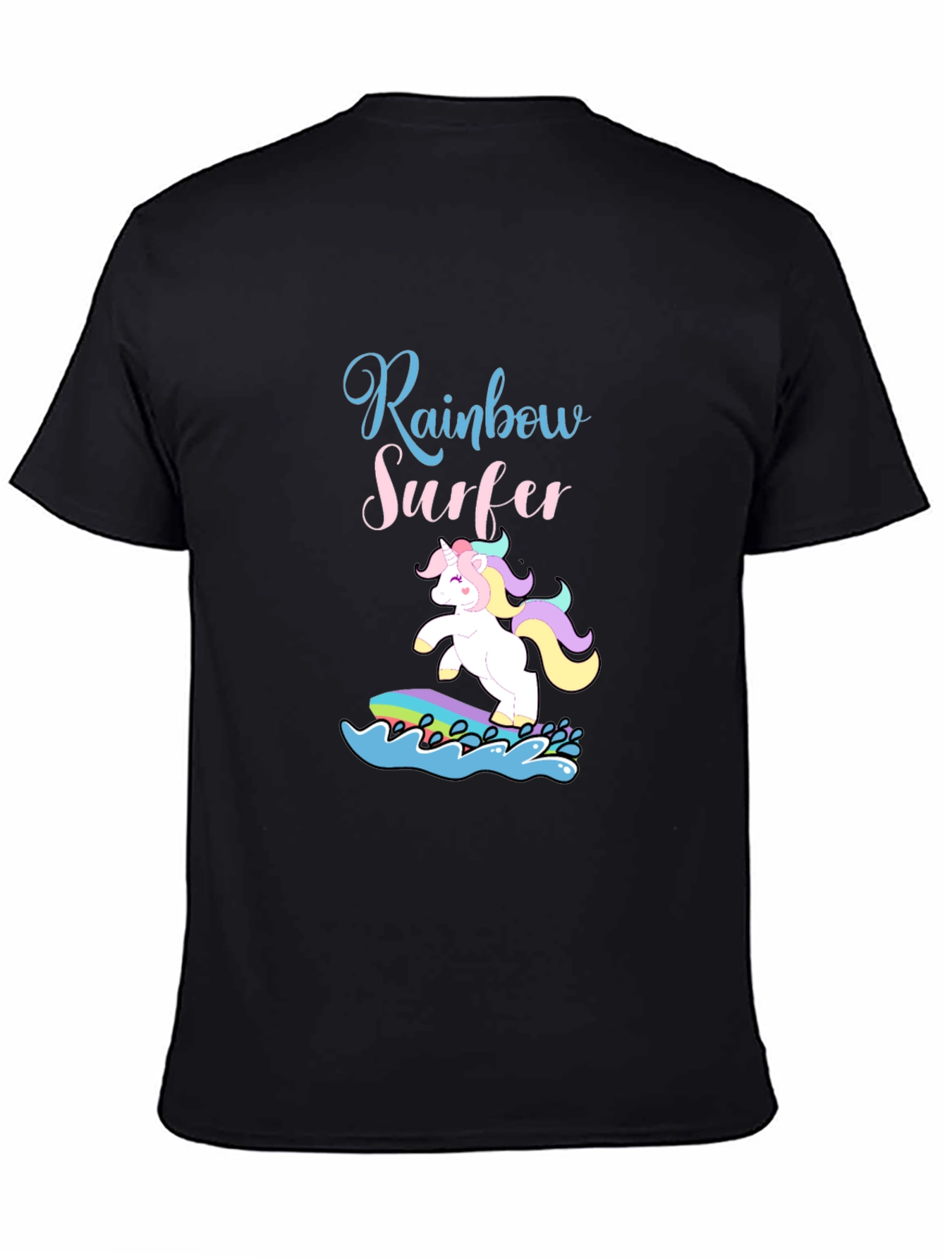 Rainbow Surfer Unicorn Graphic Tee - Black Cotton T-Shirt
