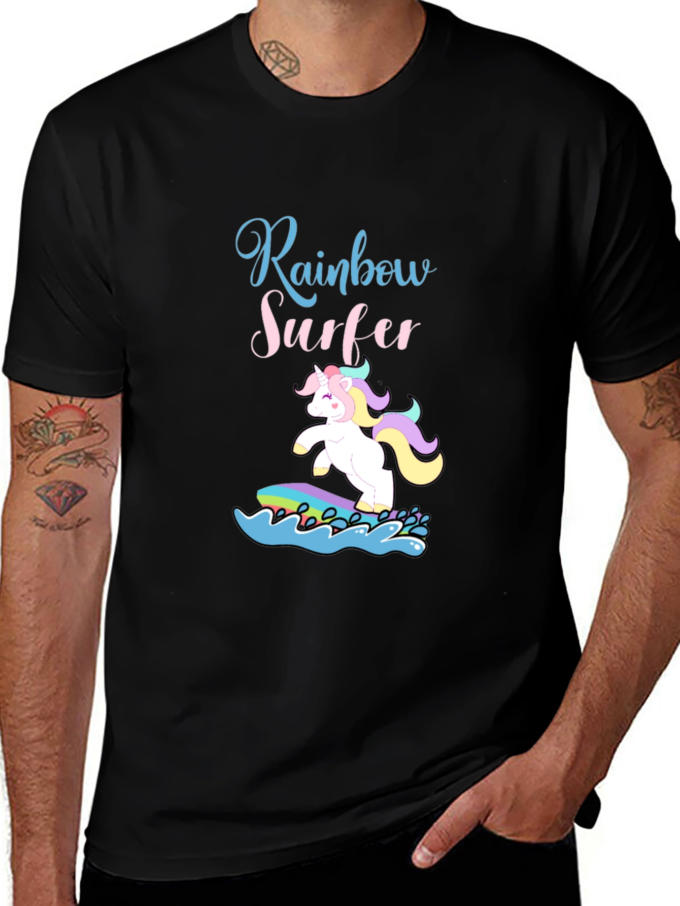 Rainbow Surfer Unicorn Graphic Tee - Black Cotton T-Shirt