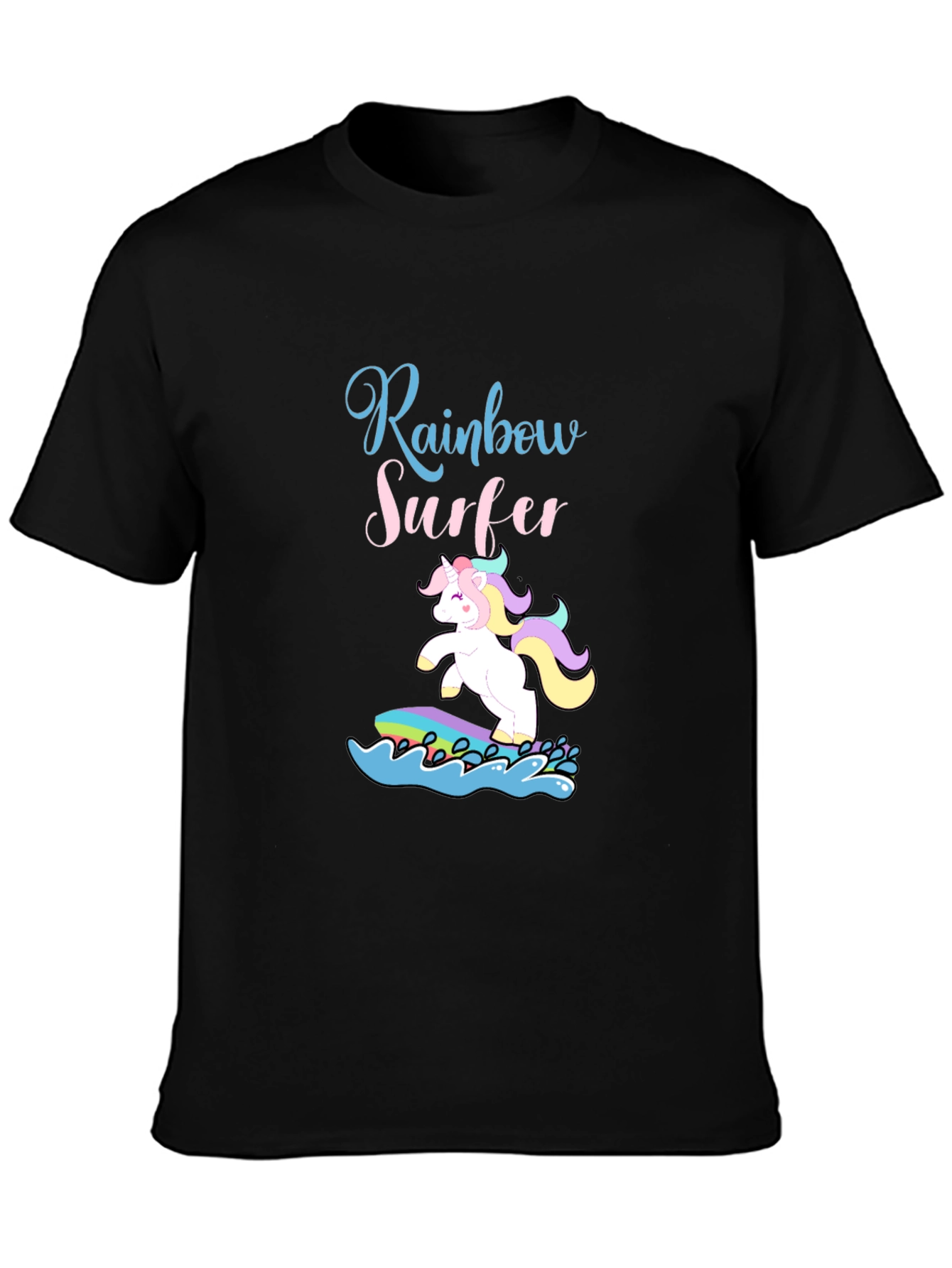 Rainbow Surfer Unicorn Graphic Tee - Black Cotton T-Shirt
