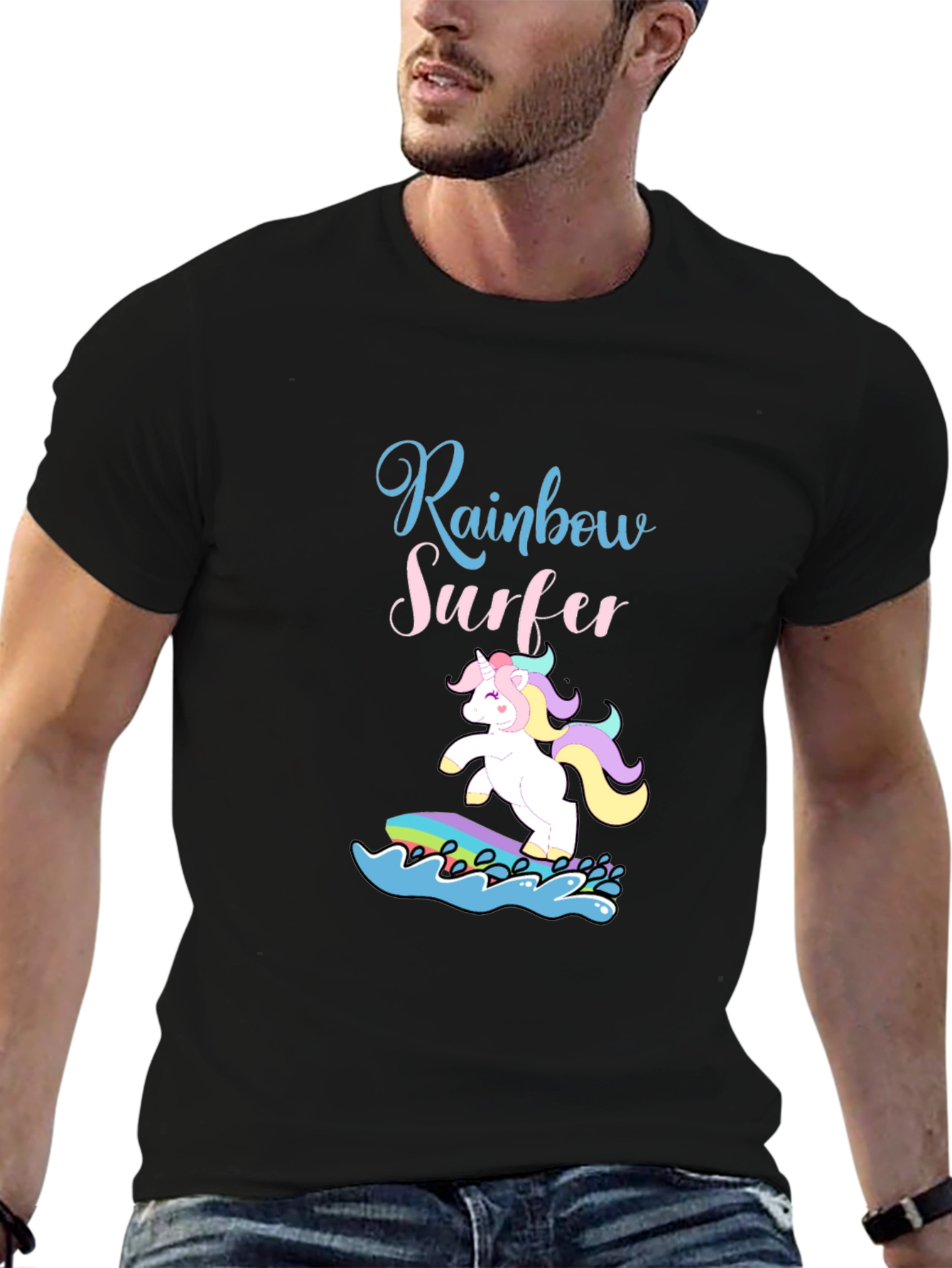 Rainbow Surfer Unicorn Graphic Tee - Black Cotton T-Shirt
