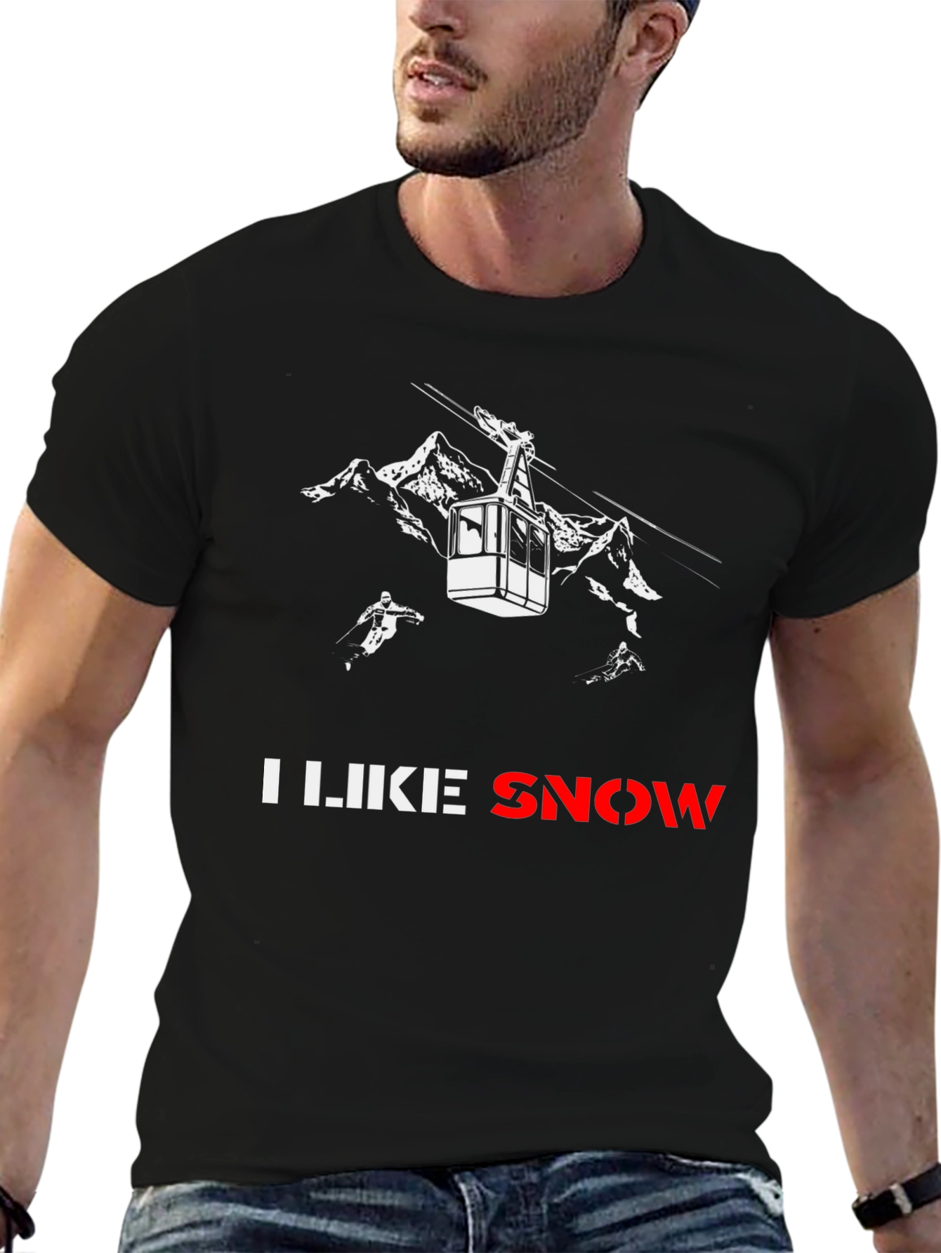 I Like Snow Black Graphic T-Shirt - Ski Mountain Design