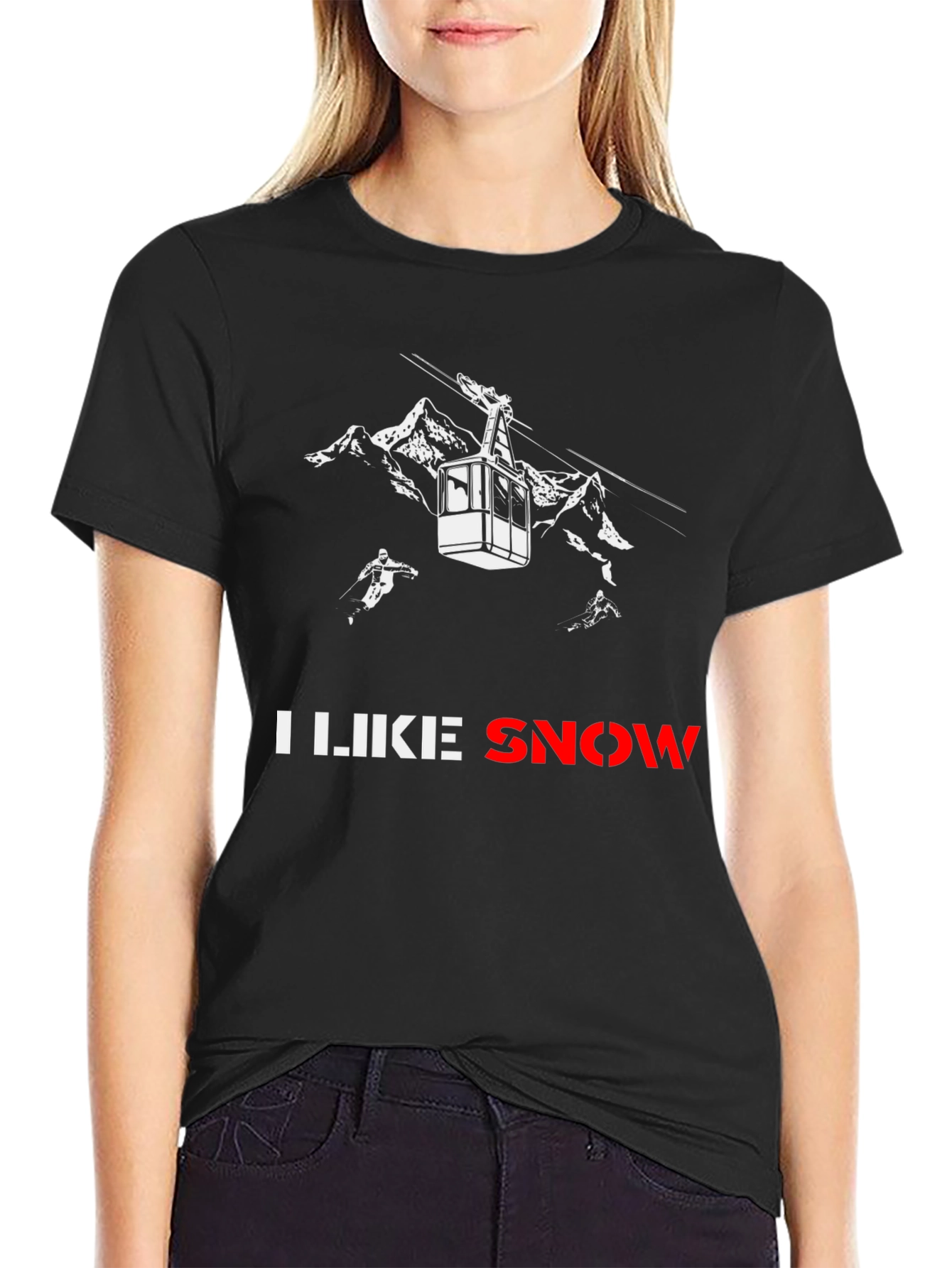 I Like Snow Black Graphic T-Shirt - Ski Mountain Design