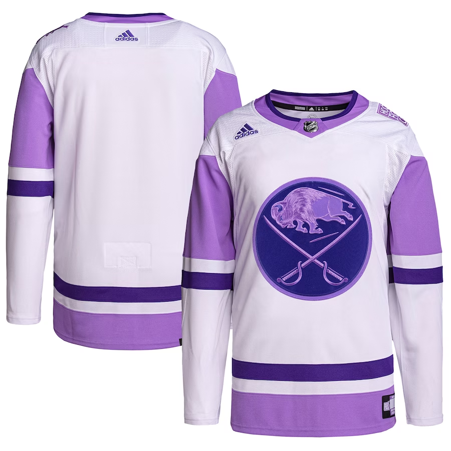 Men's Buffalo Sabres White/Purple Hockey Fights Cancer Primegreen Authentic Blank Practice Jerseys
