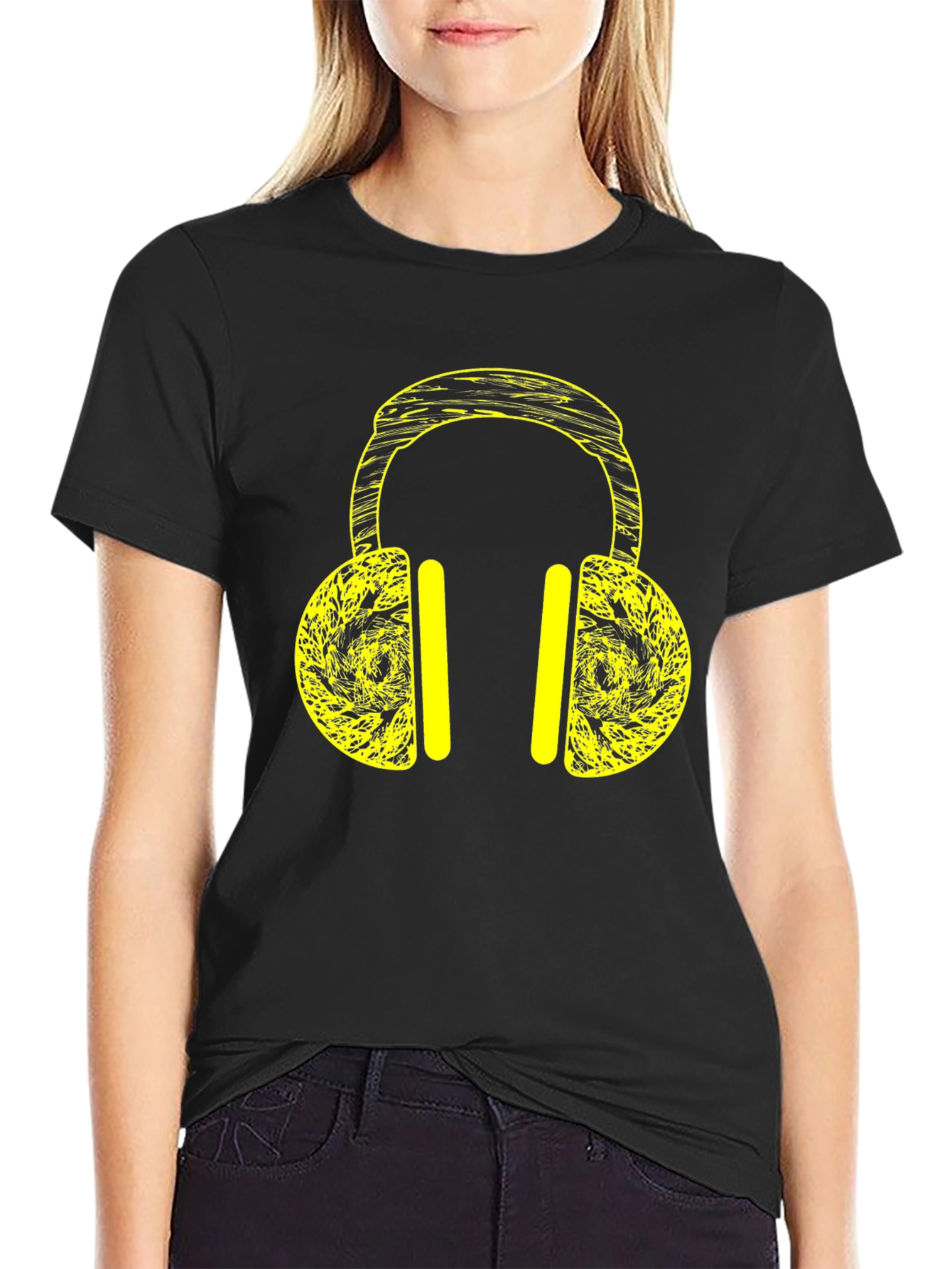 Black T-Shirt with Yellow Headphone Graphic Print