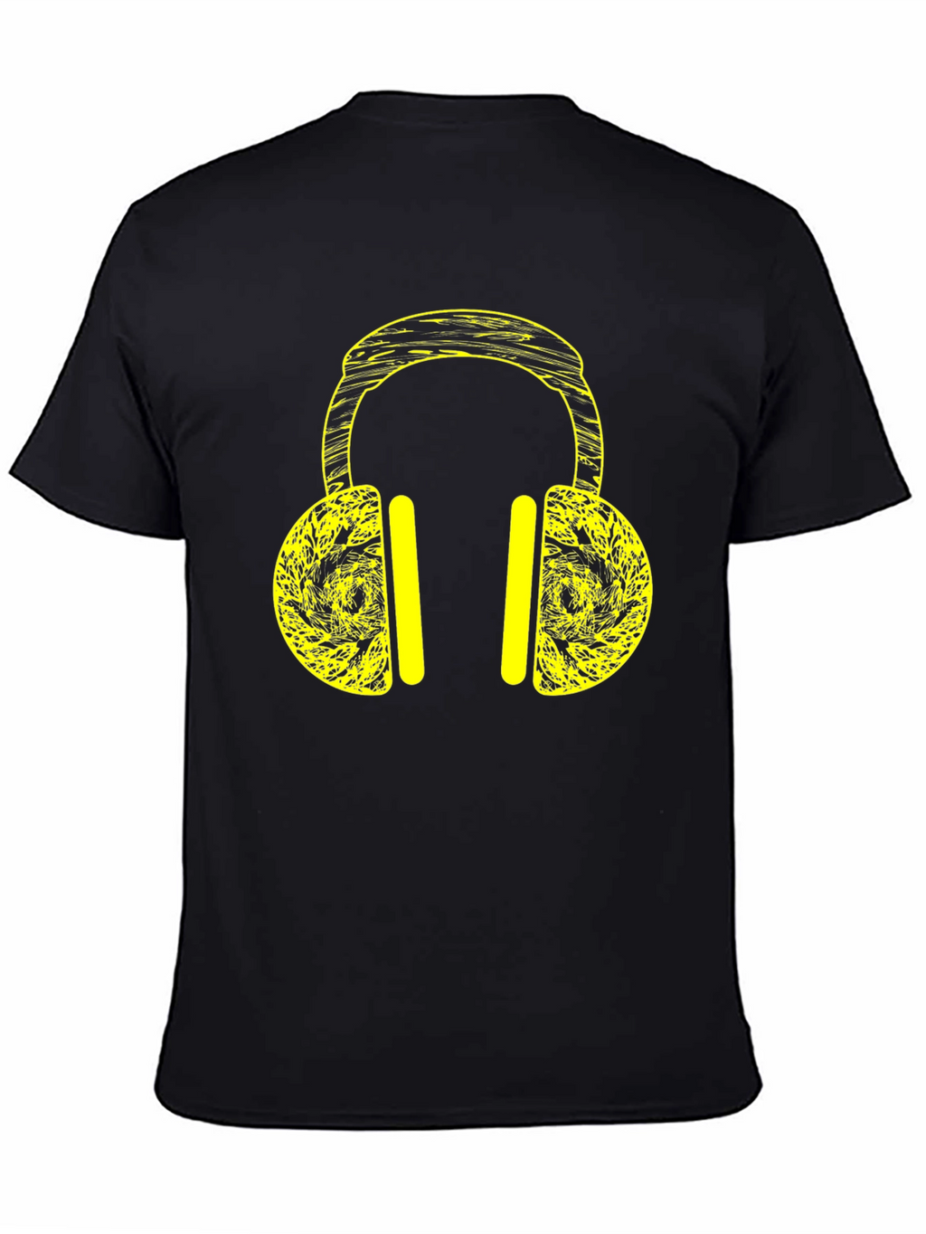 Black T-Shirt with Yellow Headphone Graphic Print
